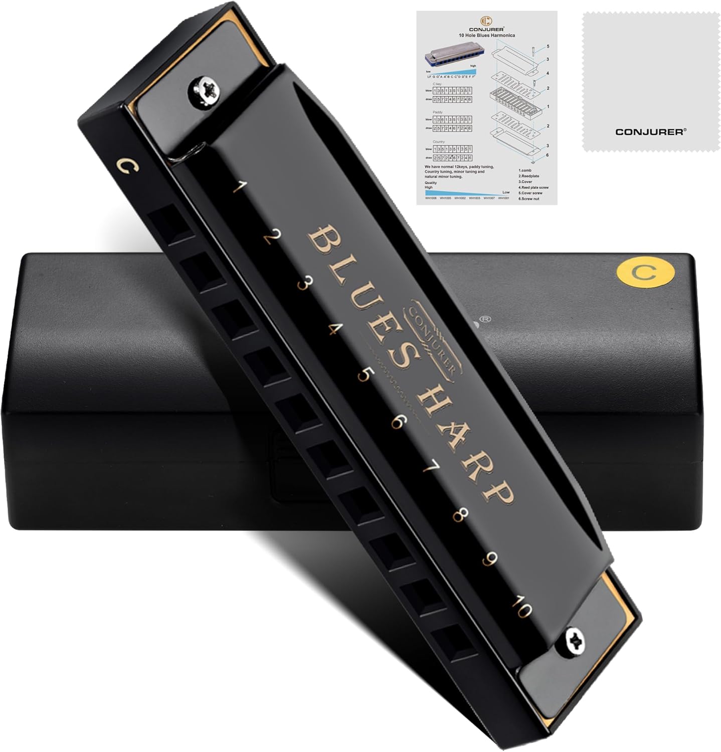 CONJURER Blues Harmonica for Beginners & Kids, 10 Hole C Key Diatonic Blues Harp with Stainless Steel Cover & Phosphor Bronze Reeds, Professional Grade for Adults, Students, Gifts (Black C)