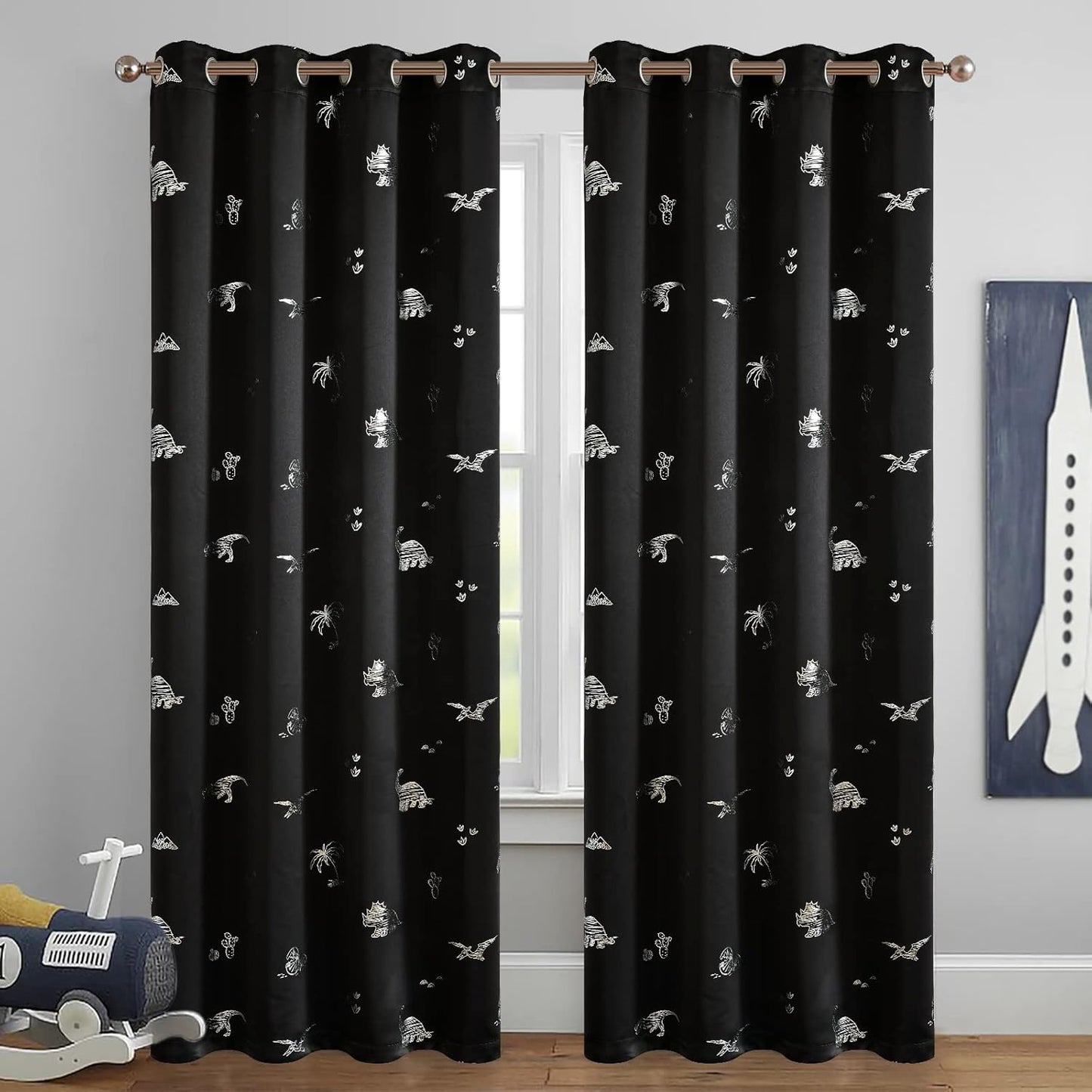 Vangao Kids Curtains Black Blackout Dinosaur Curtains for Boys Kids Nursery Girls Room Silver Dino Foil Print Thermal Insulated Drapes Grommet Top Window Treatments 84 Inches Length 2 Panels