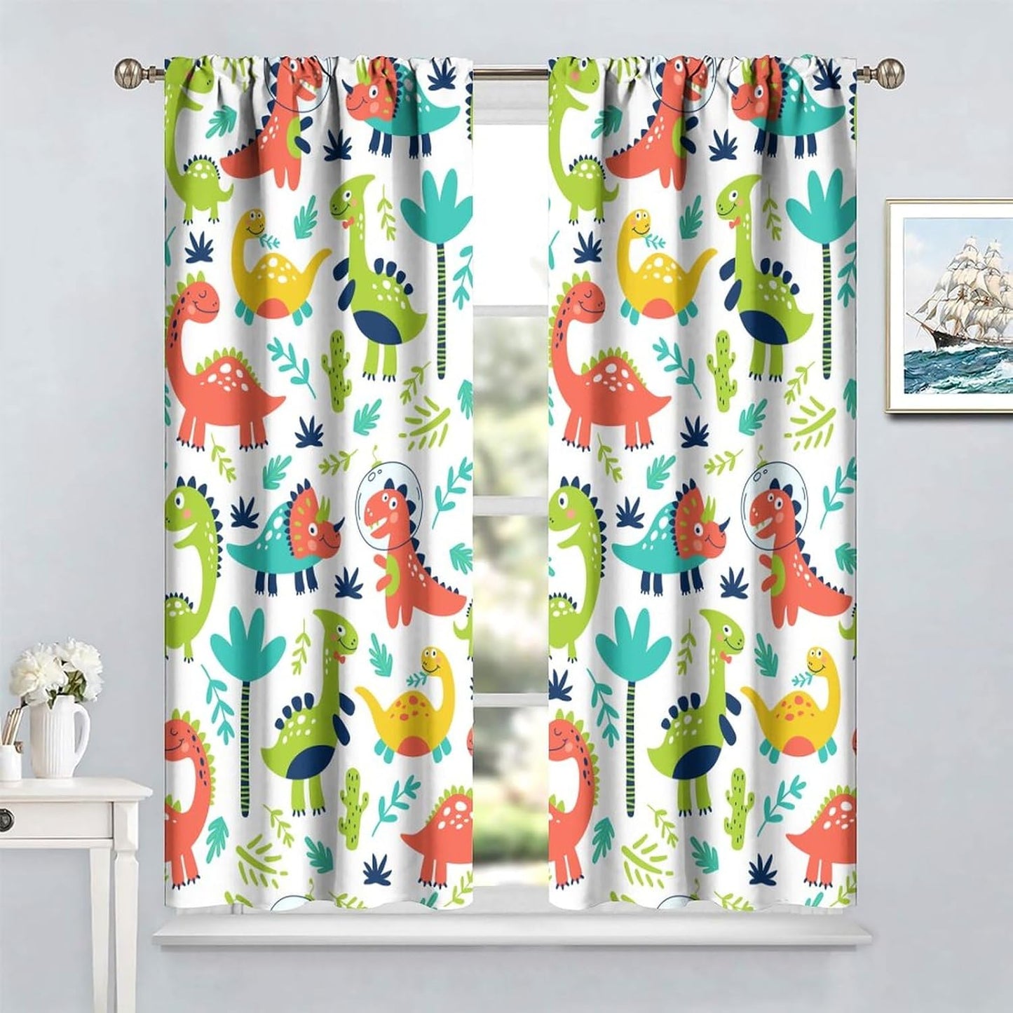 Rustic Dinosaurs Curtains Colorful Dino Kids Boys Cartoon Cute Cool Funny Decor Printed Blackout Rod Pocket Window Drapes for Living Room Bedroom W42xL84in 2 Panels