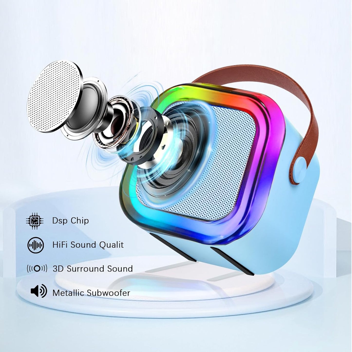 Mini Speaker with 2 Microphones,Kids Mini Karaoke Machine with Portable Speaker,3 LED Disco Lights,5 Funny Sound, Gift for Girl Boy Toddler Teen Adult Birthday Holiday Home Party-Blue