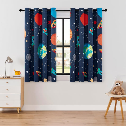 Kids Space Themed Blackout Curtains - 2 Panels, Each W52×L72, 100% Blackout, Perfect for Bedroom and Nursery, Energy Saving with Vibrant Cosmos Patterns