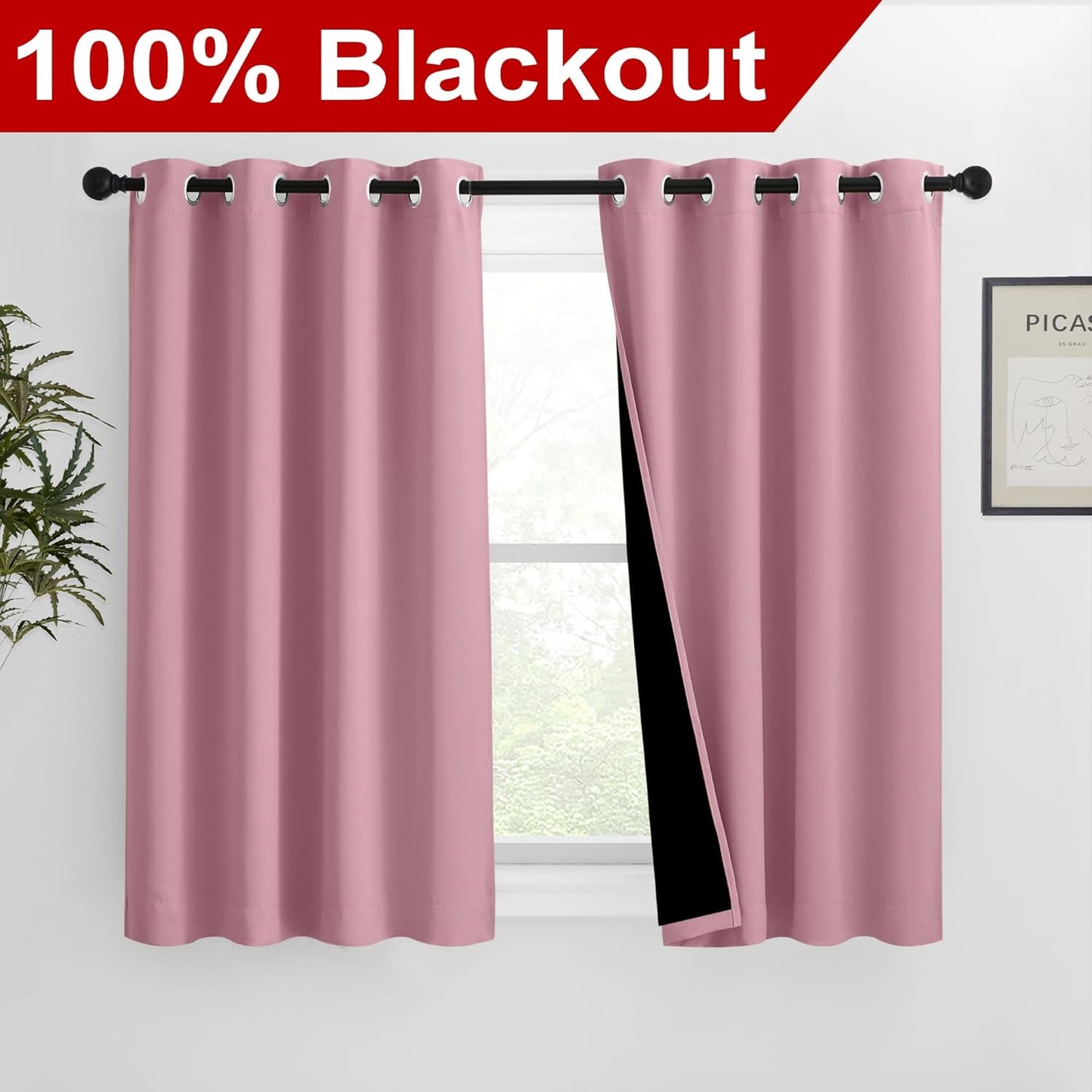 NICETOWN 100% Blackout Blinds, Set of 2, 46 inches x 45 inches, Laundry Room Decor Window Treatment Curtains for Large Patio Sliding Door, Thermal Insulated Crystal Pink Curtains for Bedroom