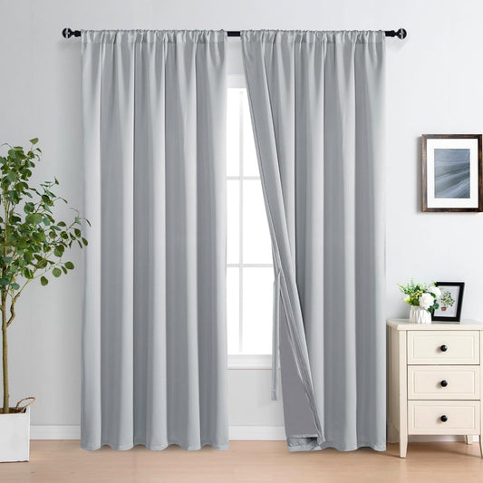 XWZO Full Shading Blackout Curtains 84 Inches Length with Tiebacks- Heat and Light Blocking Rod Pocket Window Drapes with Black Liner for Bedroom/Kid's Room, Light Grey, W70 x L84, Set of 2 Panels