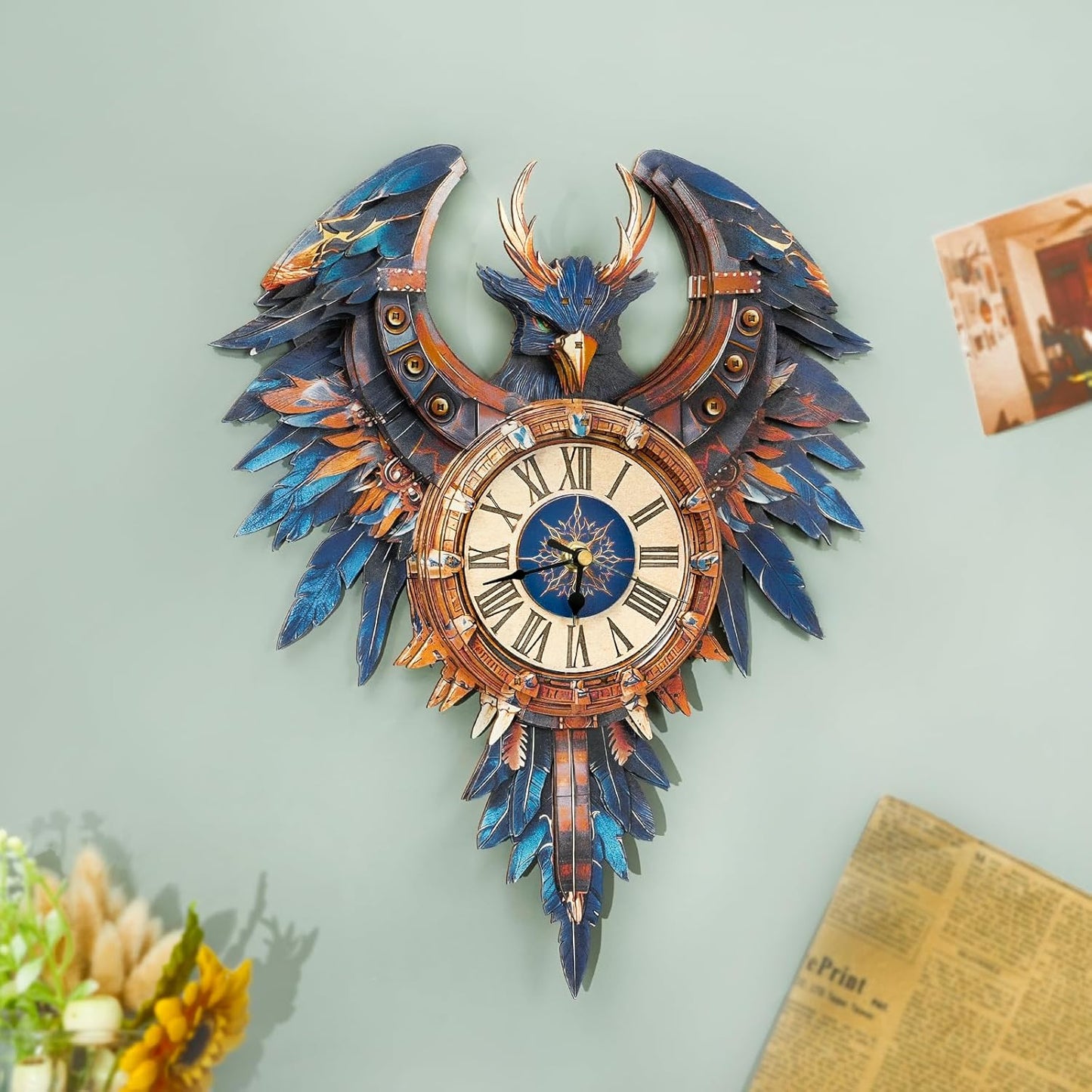 3D Puzzles for Adults Clock-Thunderbird Design Model Kit-Mechanical DIY Pendulum Clock with Roman Numerals-Desk Home Office Decor Personalized Gift for DIY Lovers