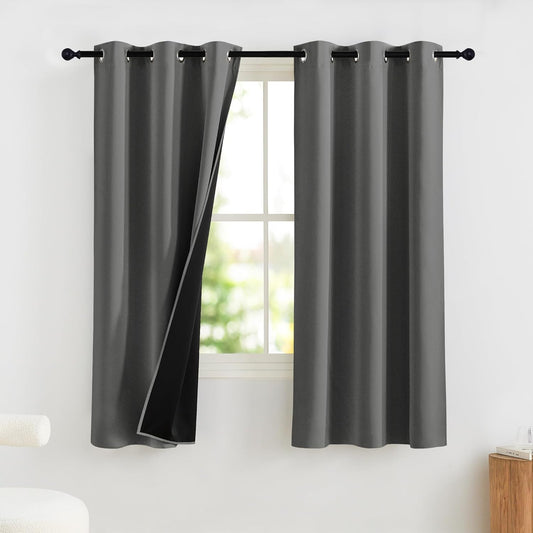 NICETOWN 100% Blackout Curtains for Bedroom 63 Inches Long, Grommet Top Living Room Drapes, Thermal Insulated Blackout Short Curtains 2 Panels Set, 42" W x 63" L, Grey