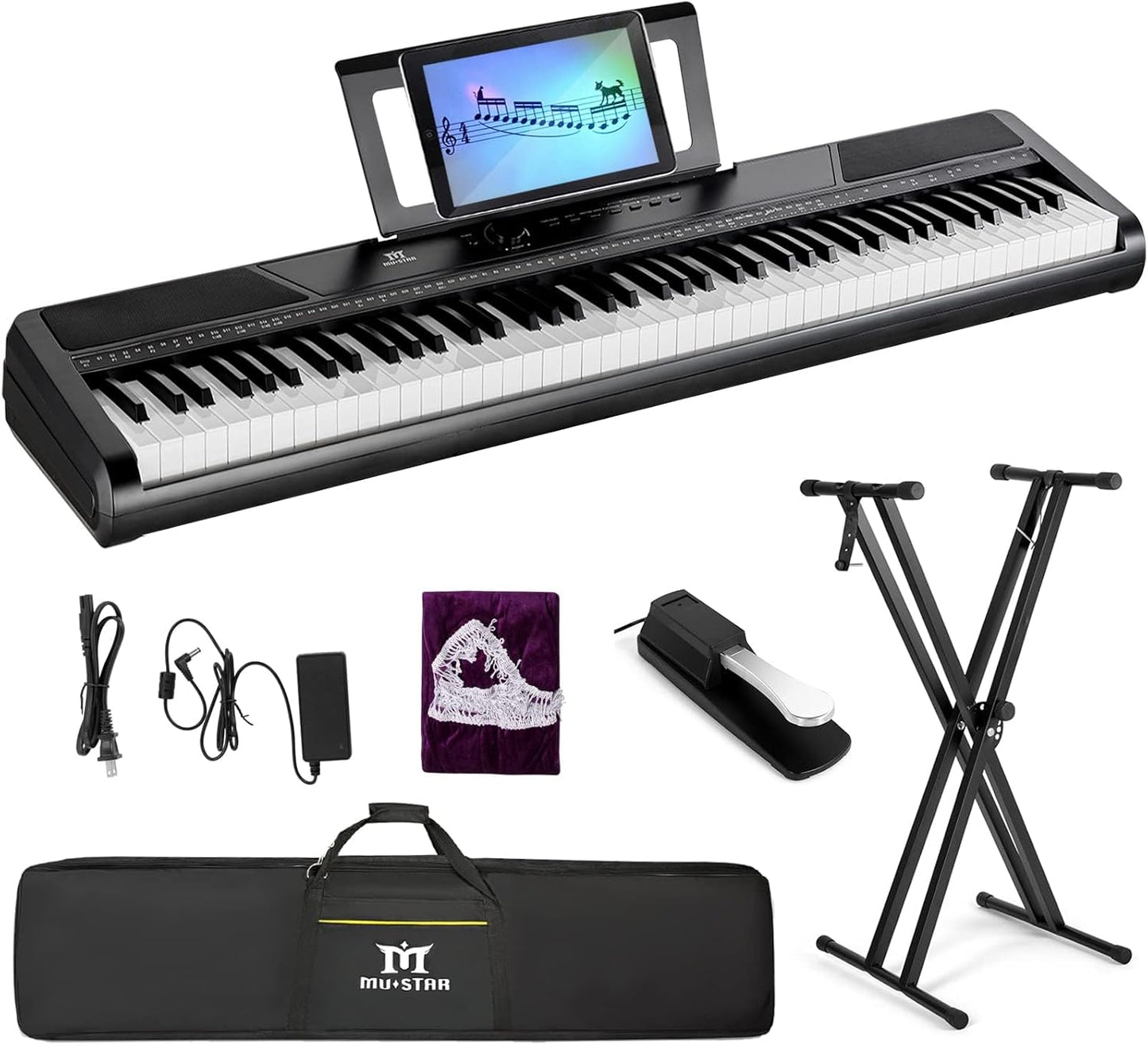 MUSTAR Digital Piano 88 Key Weighted with Stand, 88 Key Semi Weighted Keyboard Piano MEP-1100, Electric Piano Keyboard 88 Keys for Beginners, 2x25W Stereo Speakers, Case, Sustain Pedal, ABS, Black