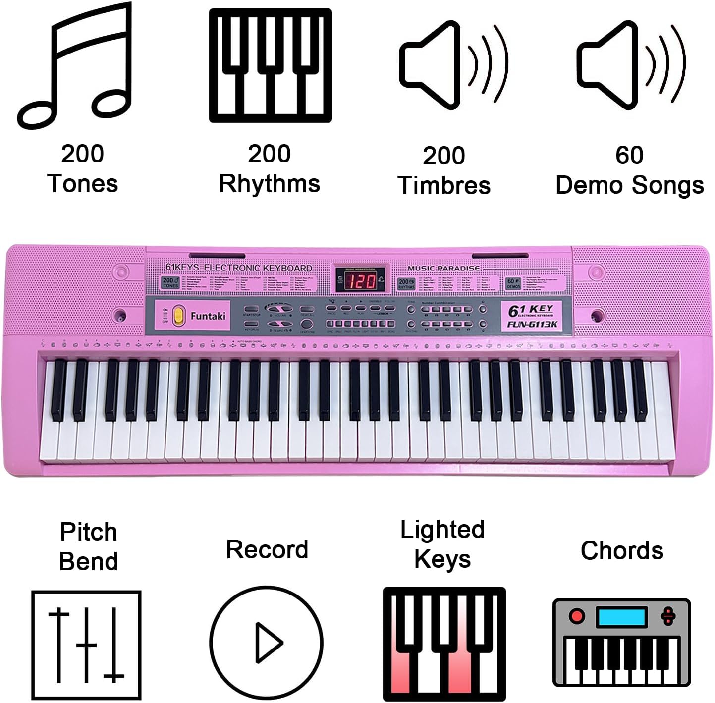 61 Key Electronic Keyboard Piano with Lighted Up Keys, Musical Mini Piano Keyboard with Sheet Music Stand Mircophone, Digital Portable Keyboards for Beginners Kids Adults, Pink