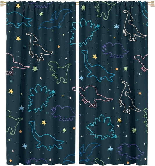 Cartoon Colorful Dinosaur Curtains for Kids Boys Girls Home Decor, Astronaut Funny Outer Space Star Blackout Rod Pocket Window Drapes for Bedroom Living Room W27.5xL63in 2 Panels