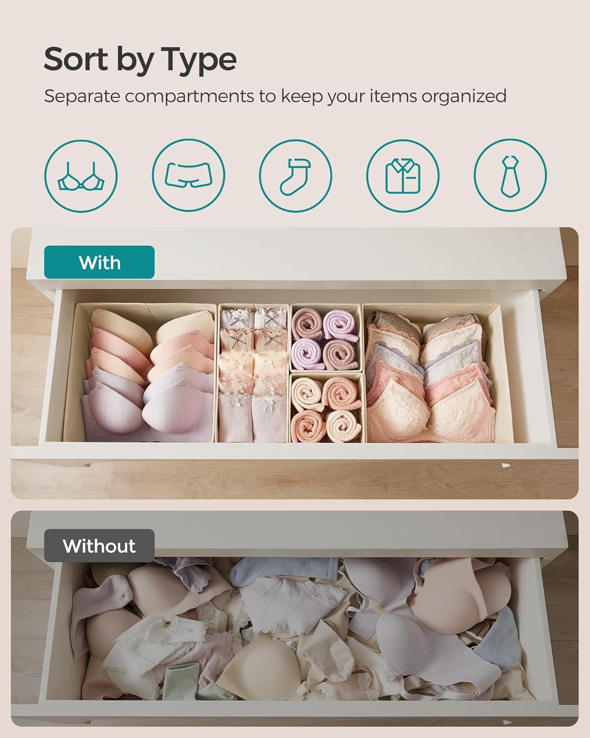 SONGMICS Drawer Organizer, Dresser Drawer Organizers, Set of 6, Foldable Fabric Storage Bins for Socks, Underwear, Bras, Ties, Scarves, Surmmer Sand URDZ006Y01