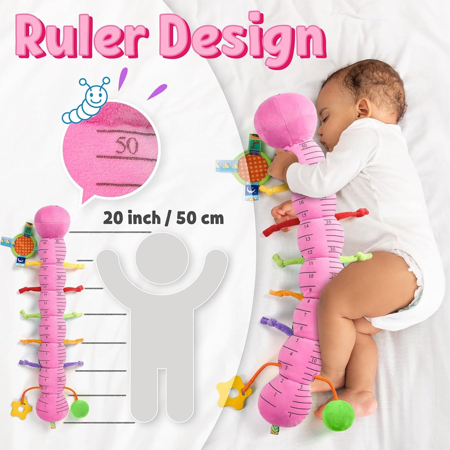 LIGHTDESIRE Baby Toys Musical Caterpillar,Infant Toys Stuffed Animals with Mirror,Ruler Design,Pull String&Rattles,Sensory Toy for Tummy Time Boy Girl Newborn Gifts 3 6 12 Months(Rose Pink,Knot Limb)