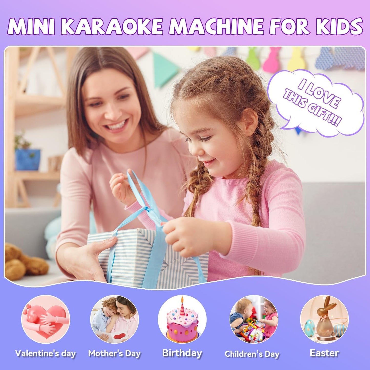 Mini Karaoke Machine for Kids Girls Boys - Birthday Gifts for Ages 4 5 6 7 8+ Year Old - 2025 New est - Portable Bluetooth Speaker with 2 Wireless Microphone - Kids' Instrument Accessories - Pink