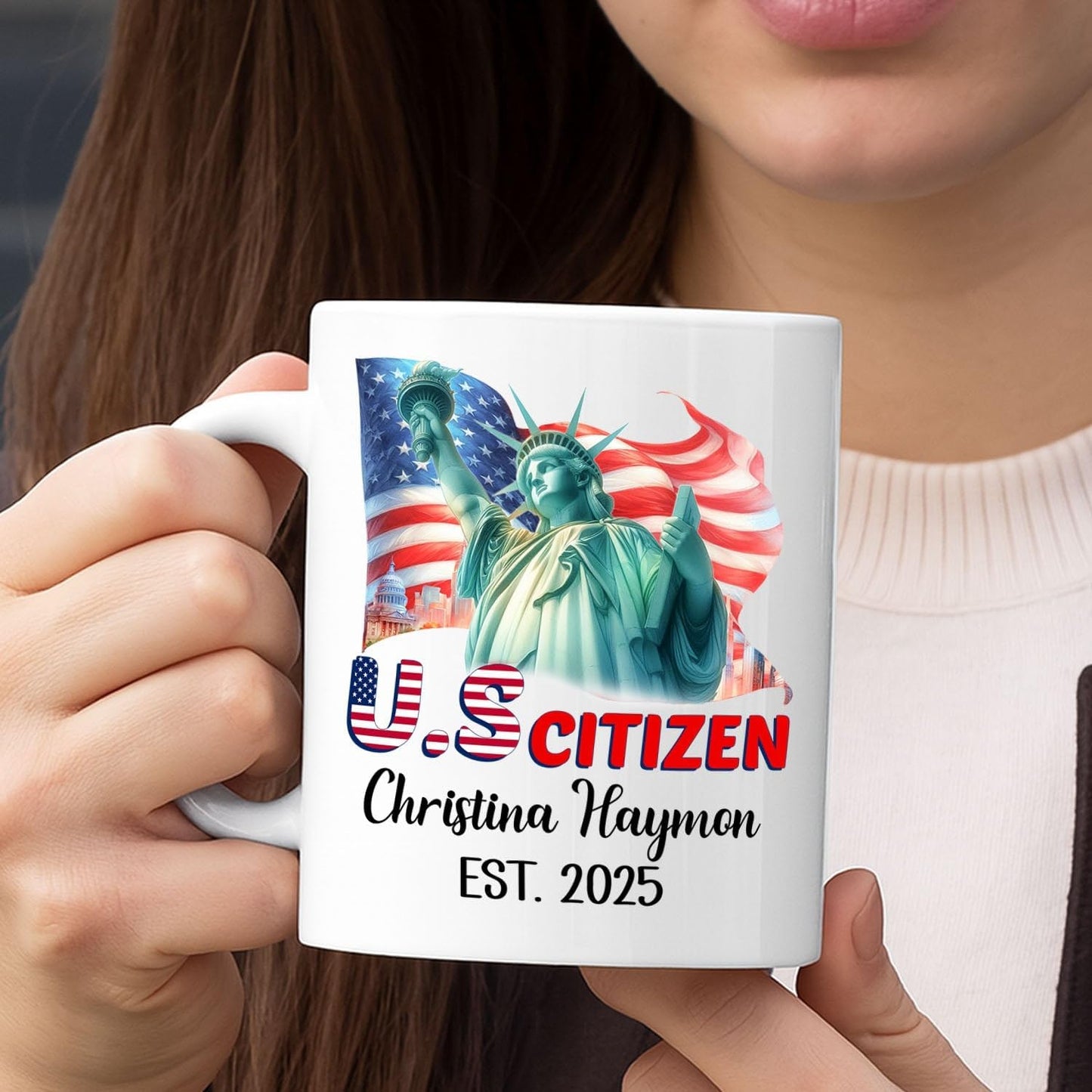 Personalized Coffee Mug Gift For US Citizen Girlfriend Boyfriend, Citizenship Celebration Gnome Ceramic Coffee Cup, Customized Year & Name American Citizen White Teacup, New US Citizenship Travel Mug