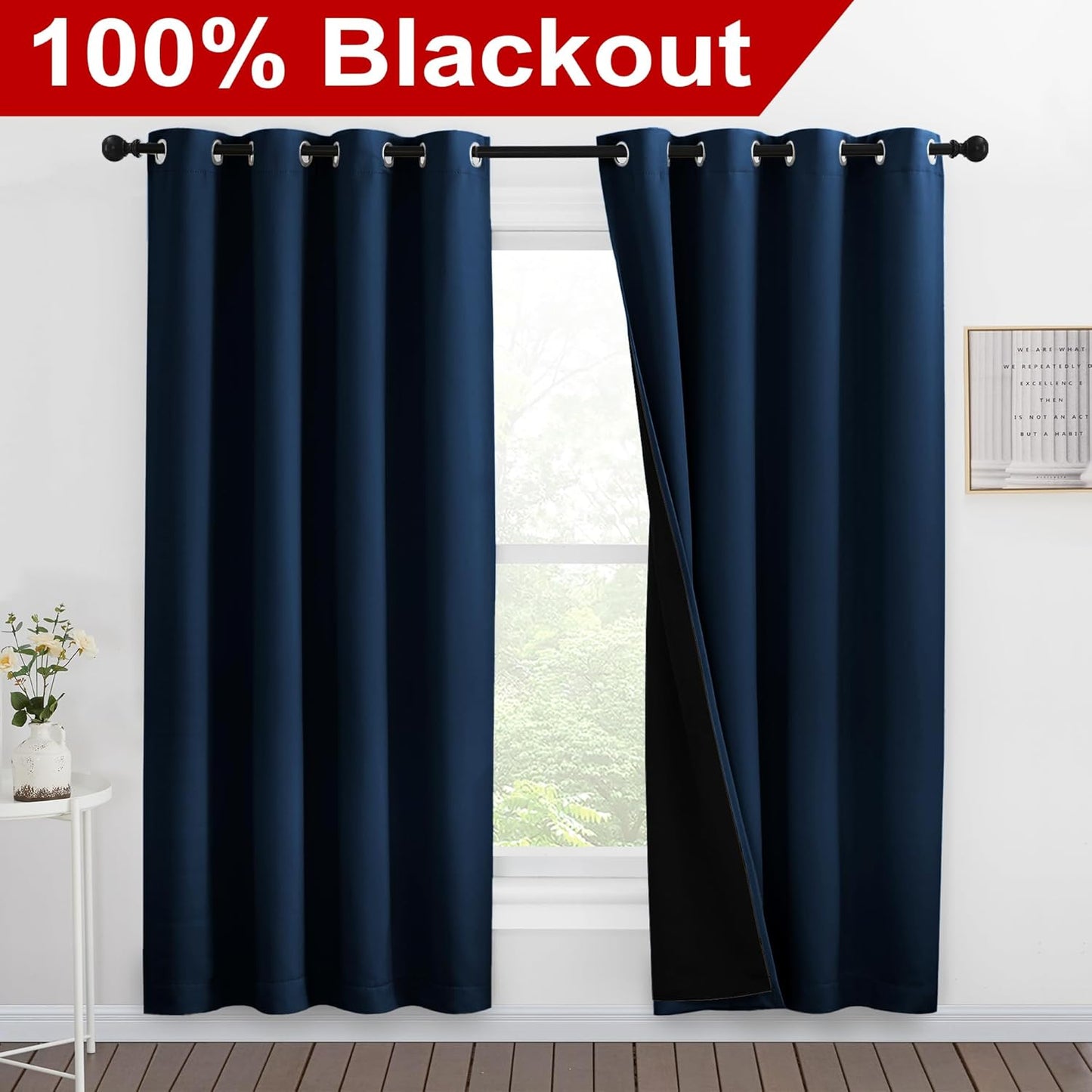 NICETOWN Moroccan Blue Full Shade Curtain Panels, Pair of Energy Smart & Noise Blocking Out Blackout Drapes for Dining Room Window, Thermal Insulated Guest Room Lined Window Dressing(55 x 78 inch)