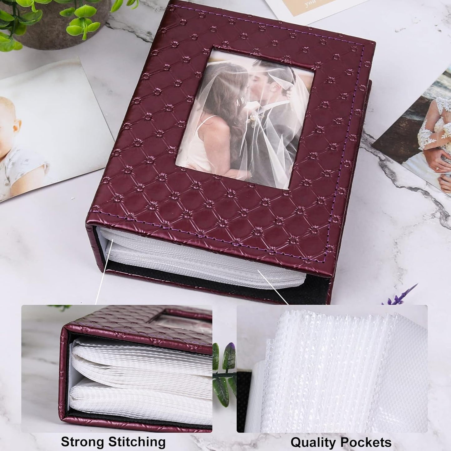 RECUTMS Photo Album 4x6 100 Pockets Photos, Button Grain PU Leather Photo Books Small Picture Album for Baby Family Wedding Christmas Photo Albums Holds 100 Vertical Photos （Wine Red）
