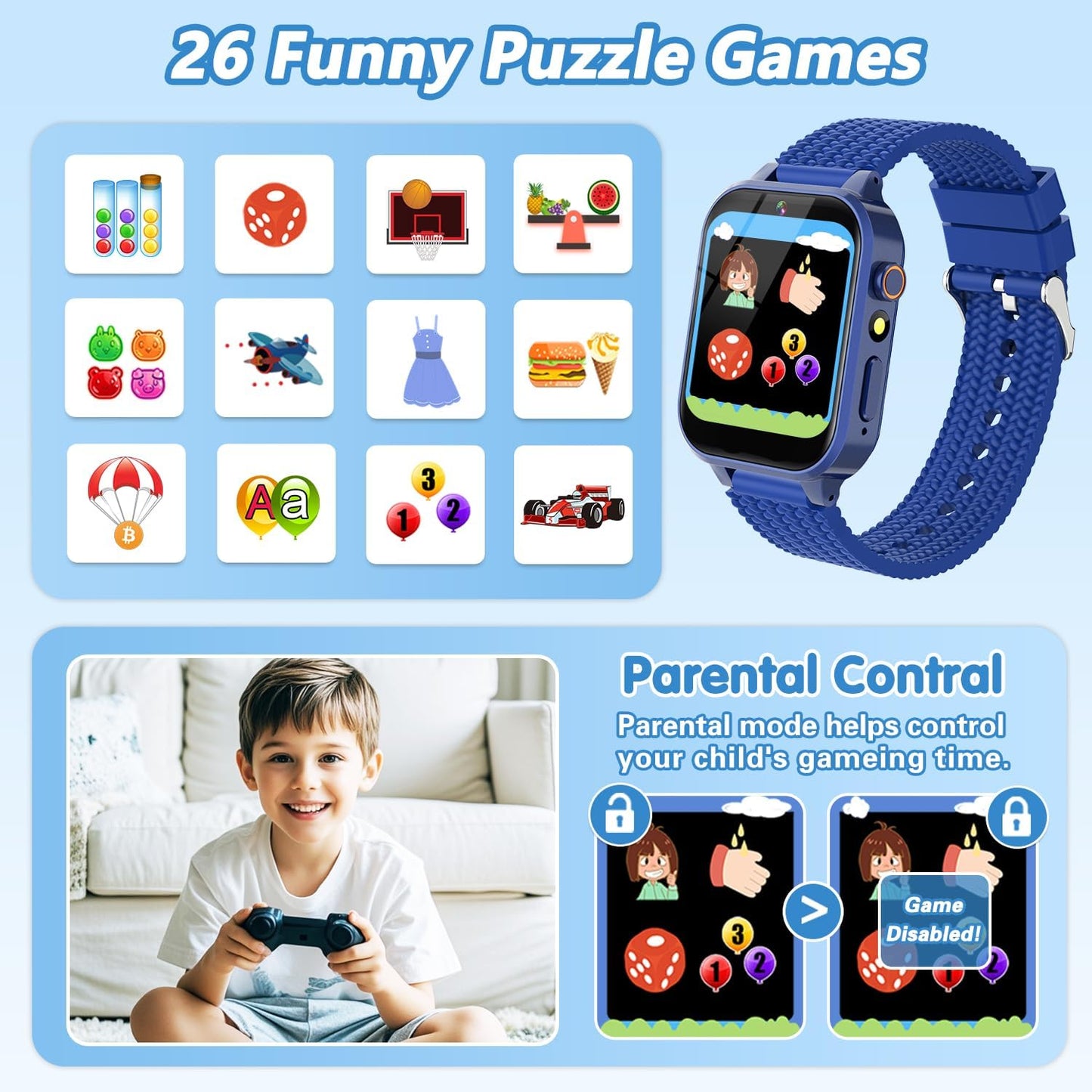 Smart Watch for Kids Boy Gift Ages 3-12, 2 Screen Protector, 26 Puzzle Games, HD Camera Video Music Player Touchscreen Pedometer, Educationtal Toy Brithday Gifts for Boy Ages 4 5 6 7 8 9 10(Blue)