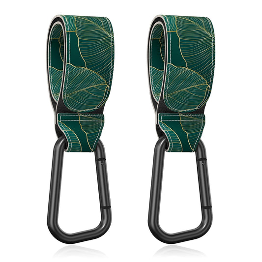 Baby Stroller Hooks for Hanging Bags, Universal Stroller Clips Accessories, Mommy Hook for Diaper Bag, Shopping Cart, Purse, Backpack - 2 Pack, Green Leaf