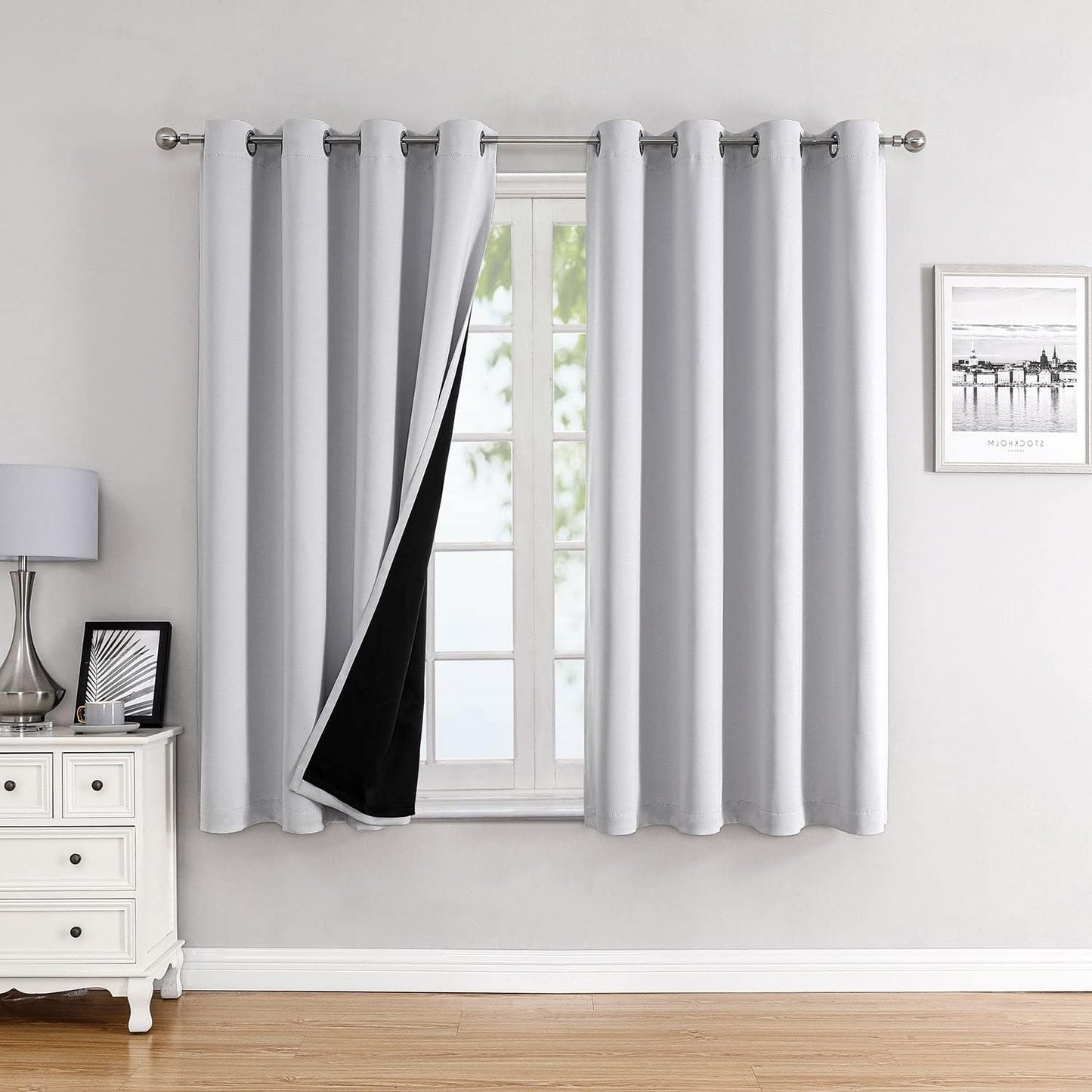 ChrisDowa 100% Blackout Curtains for Bedroom with Black Liner, 2 Thick Layers Total Blackout Thermal Insulated Grommet Window Curtains 2 Panels Set (Greyish White, 52 x 54 Inch)