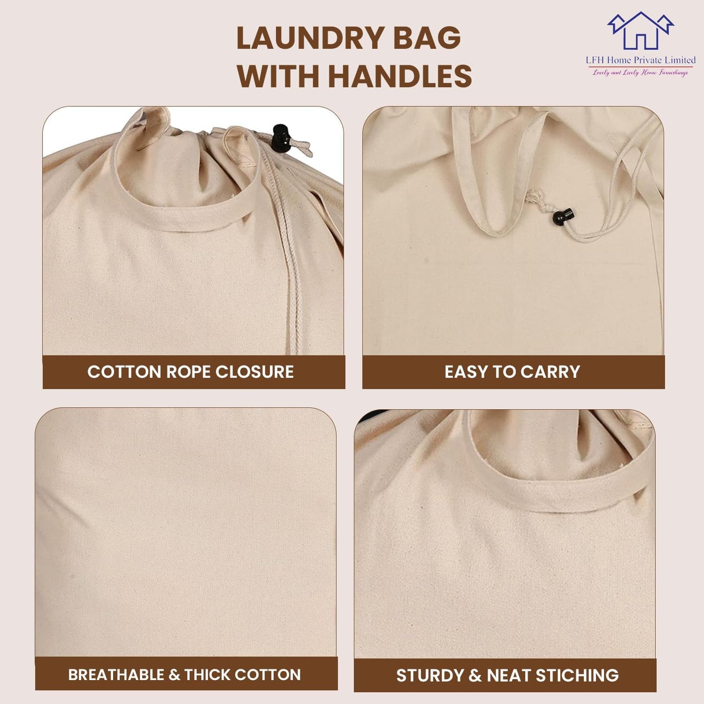 LFH Home Cotton Canvas Extra Large Laundry Bag with Handle, Heavy Duty Drawstring Closure Washable Laundry Bags School Travel, Home, Hotel, College Dorm, Organizer Sack, Toys Clothes 24x36-Natural