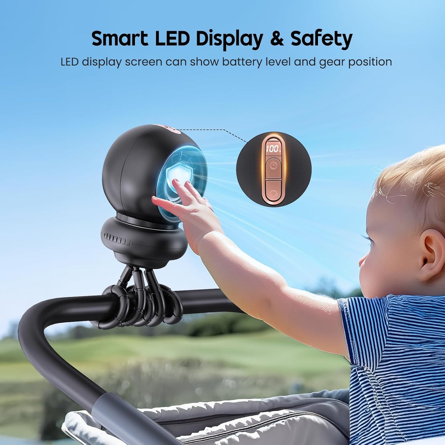 Stroller Fan, Battery Operated Baby Stroller Fans, 8000mAh Rechargeable Fans, 75° Auto Oscillation Portable Fan, 5-12H Runtime, 4 Speeds Wind, Detachable Base & LED Display