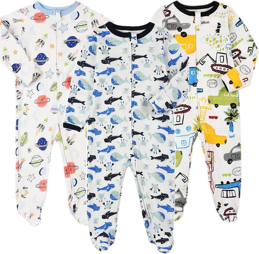 Aablexema Baby Footie Pajamas with Mittens - 3Pcs Infant Footed Sleeper Cotton Sleepwear Outfits