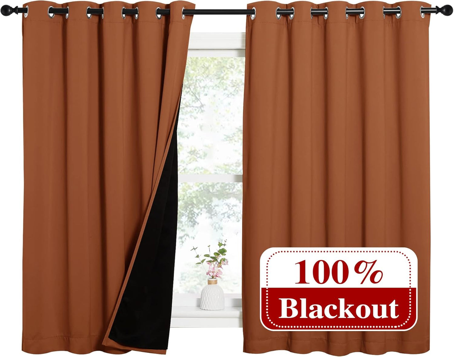NICETOWN Burnt Orange 100% Blackout Lined Curtains, 2 Thick Layers Completely Blackout Window Treatment Thermal Insulated Drapes for Kitchen/Bedroom (1 Pair, 62" Width x 63" Length Each Panel)
