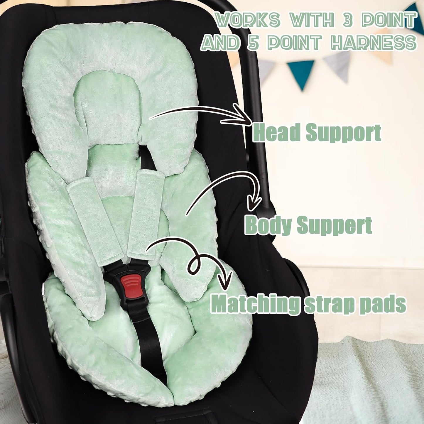 GFU Infant Car Seat Insert Head and Body Support, Reversible Newborn Insert for Carseat with Strap Pads, Soft Stroller Cushion Pillow Insert for Boys and Girls, Fits for Stroller, Swing, Green