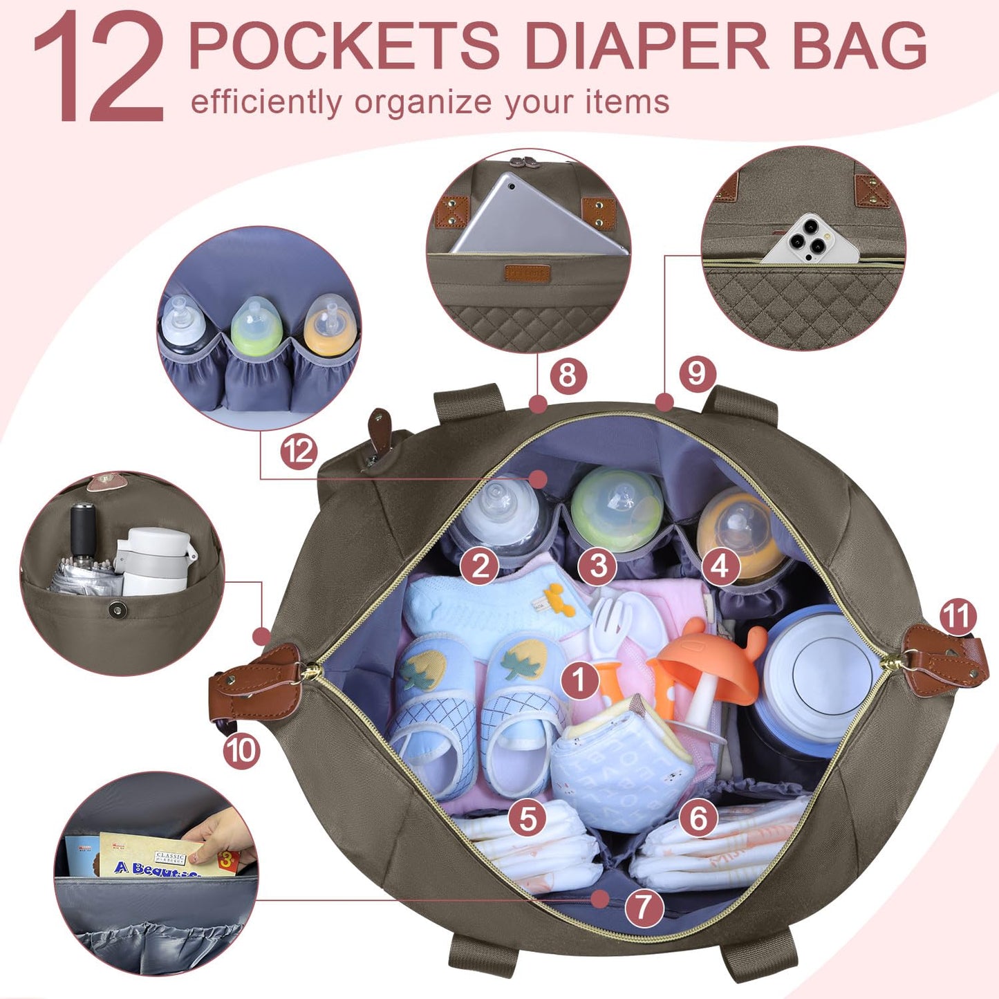 Diaper Bag Tote, Diaper Baby Bags with Pacifier Case, Shoulder Straps, Stroller Clips, Waterproof Large Mommy Bag Maternity Bag Travel Baby Bag for Mom and Dad, khaki