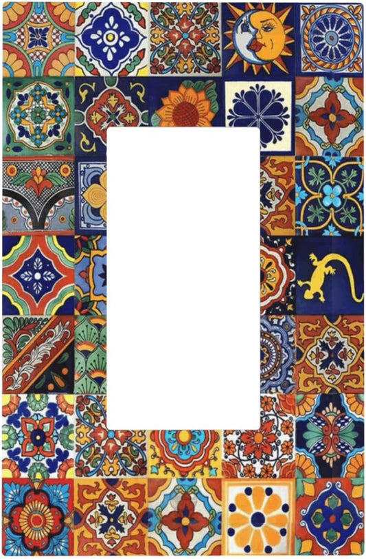 Talavera Mexican Tiles Traditional Color Decoration Print Decorative Outlet Covers 1 Gang Single Rocker Light Switch Cover Plate Wall Plates GFCI Faceplate for Kitchen Bathroom Decor