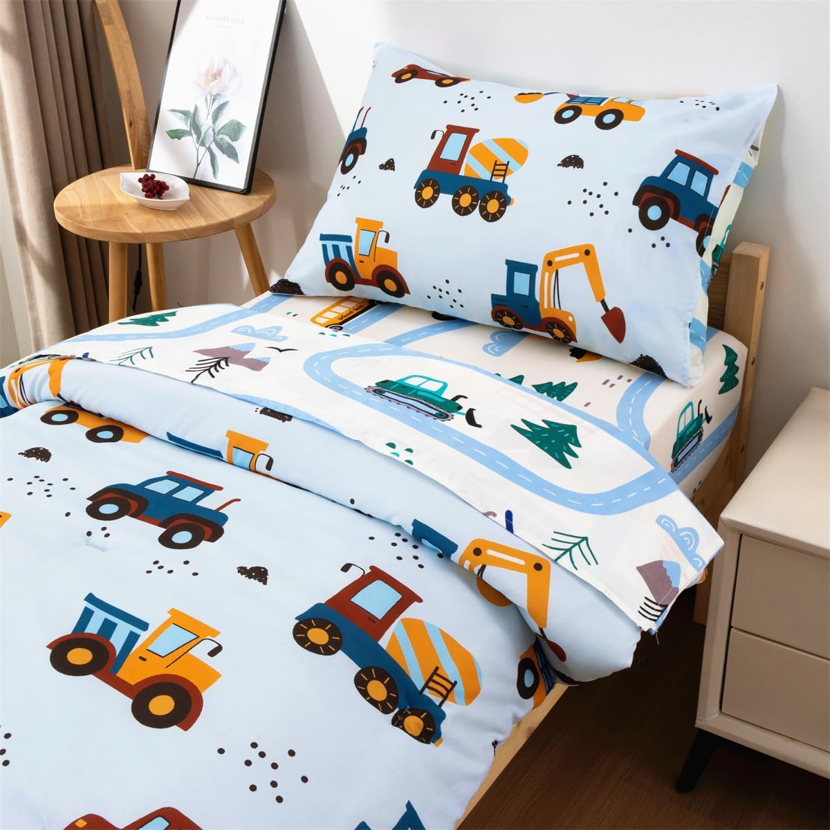 NTBED 4 Pieces Construction Truck Toddler Bedding Set for Baby Boys, Cartoon Vehicles Excavator Cars Printed, Includes Comforter, Flat Sheet, Fitted Sheet and Pillowcase,Light Blue