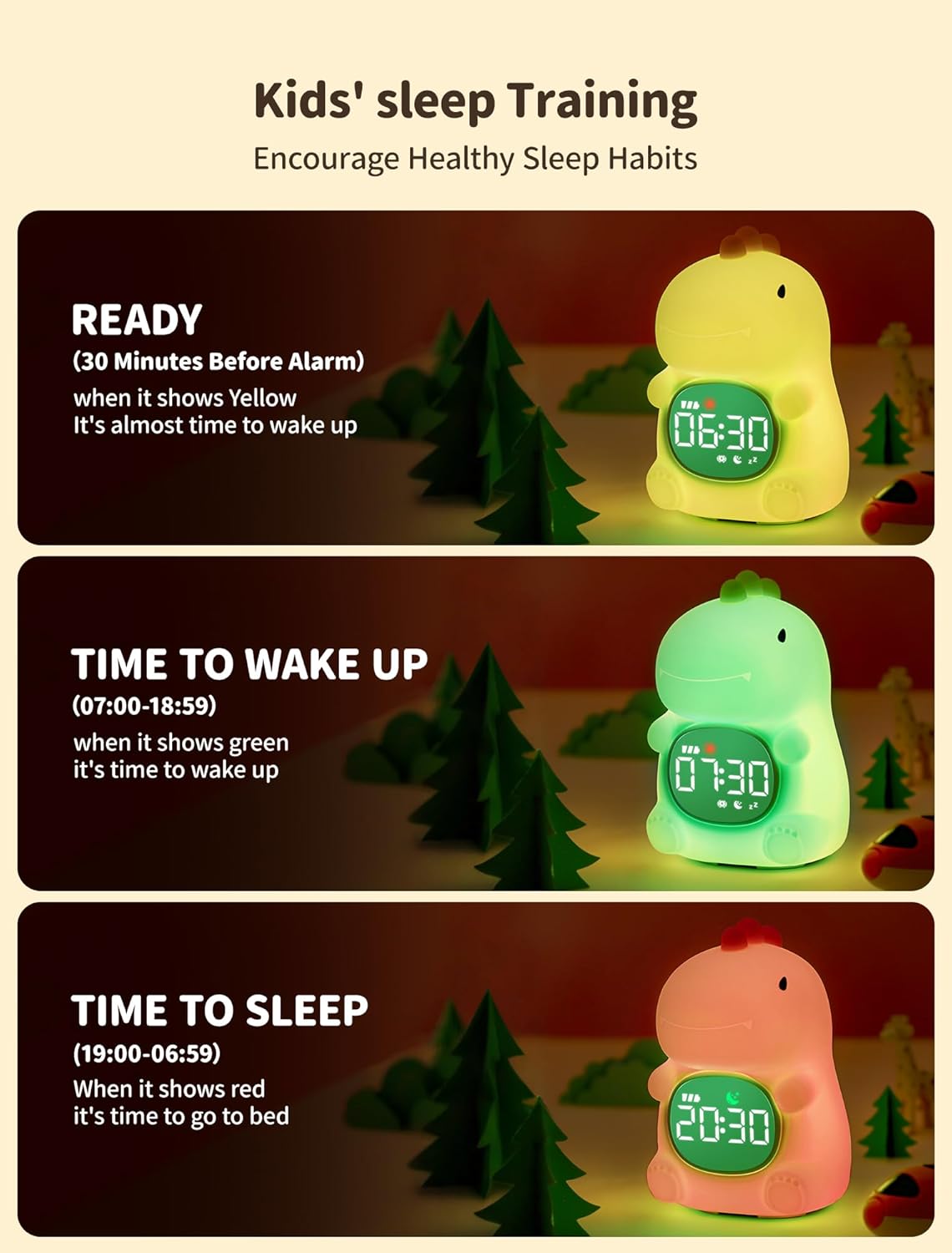 MASHI Kids Alarm Clock, Toddler Sleep Training Clock with Sun & Moon, Sleep Sound Machine, Night Lights, Ok to Wake Dinosaur Clock, Gift Ideas for Kids Child