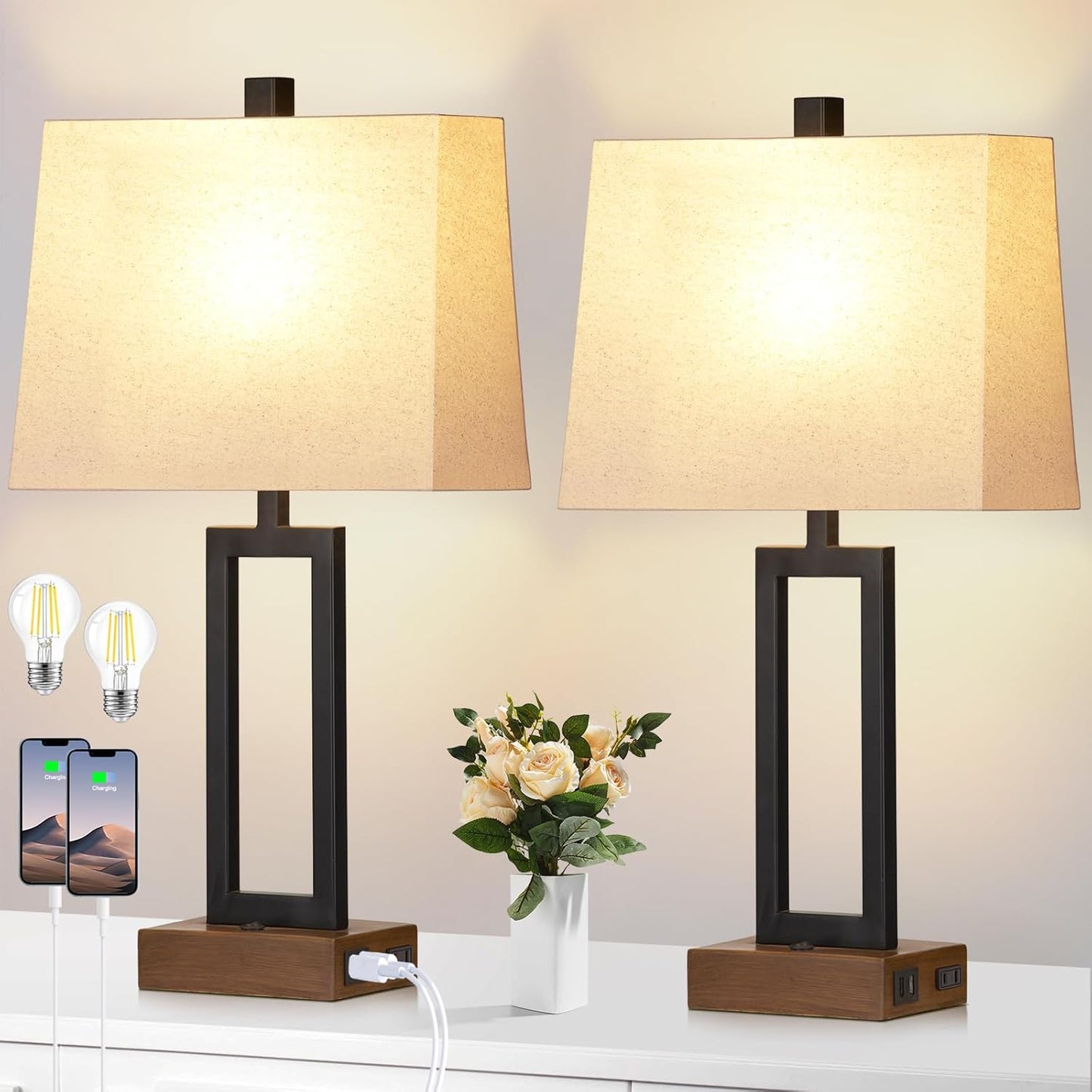 Table Lamp for Bedroom Set of 2 with 2 USB Ports and AC Power Outlet, 23.5" Modern Bedside Lamp, Wood Nightstand Lamp with Linen Shade for Living Room Hotel Desk(LED Bulb Included)