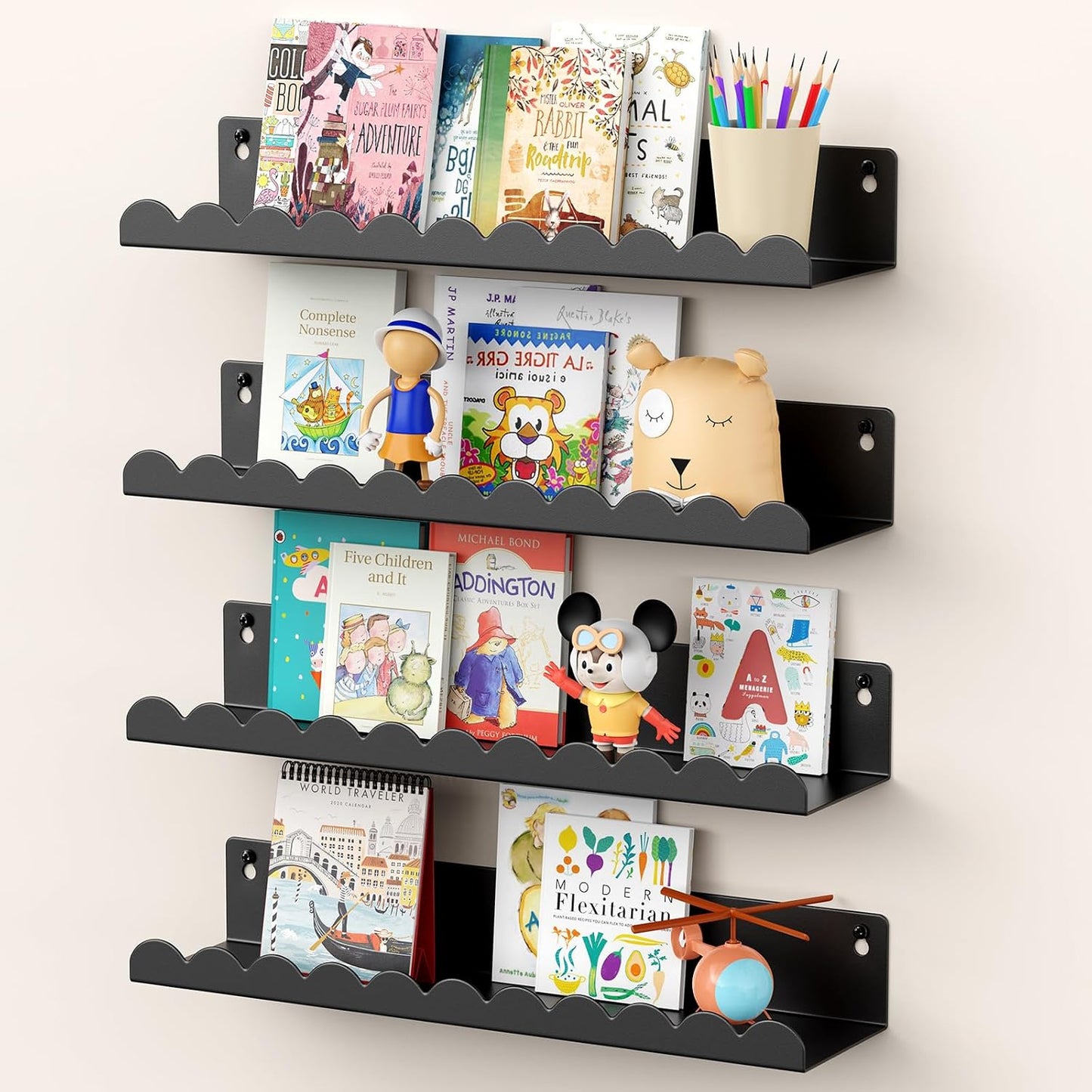 Nursery Book Shelves, 17 Inch Black Metal Floating Shelves for Wall 4 Pack, Wall Mounted Book Shelf for Kids Room, Bedroom, Bathroom, Playroom Decor