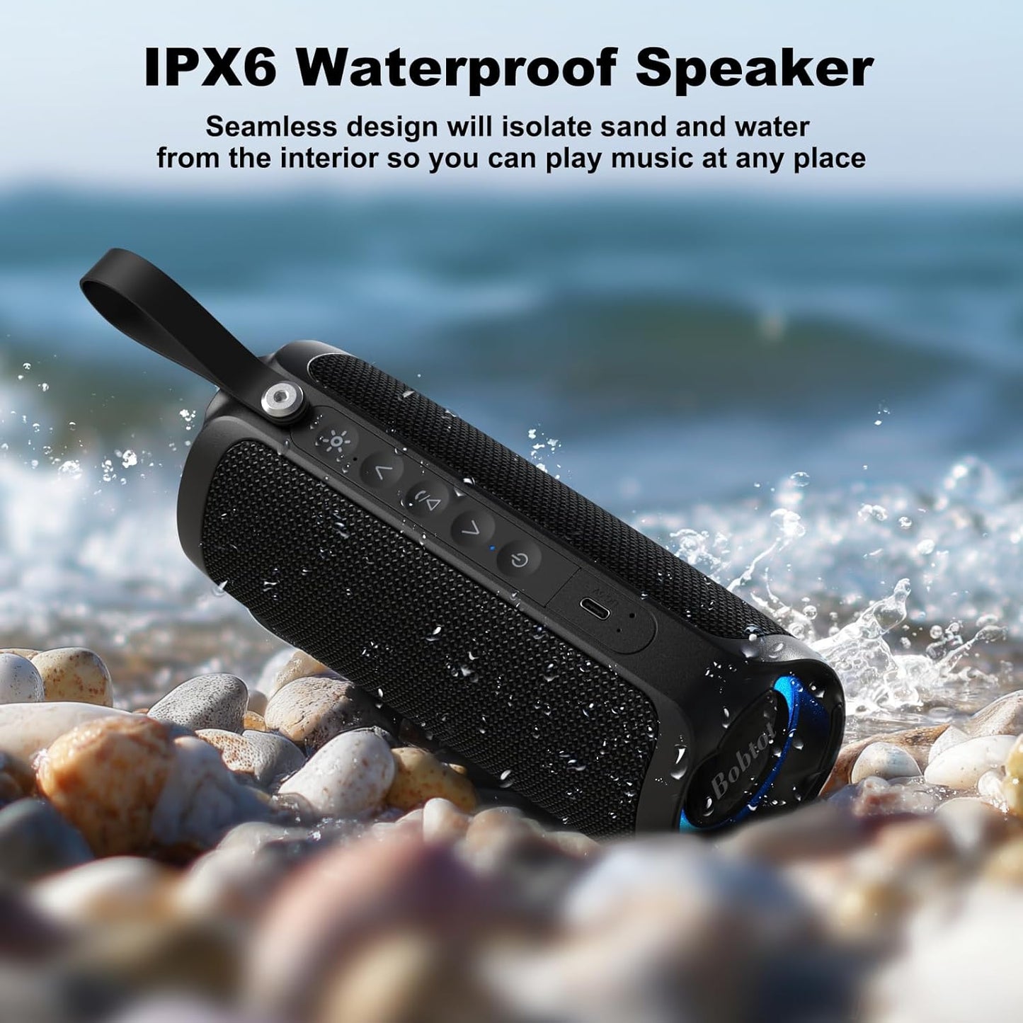 Bobtot Portable Bluetooth Speaker, IPX6 Waterproof Speaker with Punchy Bass, 15W Loud Sound, RGB, 15H Playtime, Dual Pairing for Party, Camping, Beach, Black