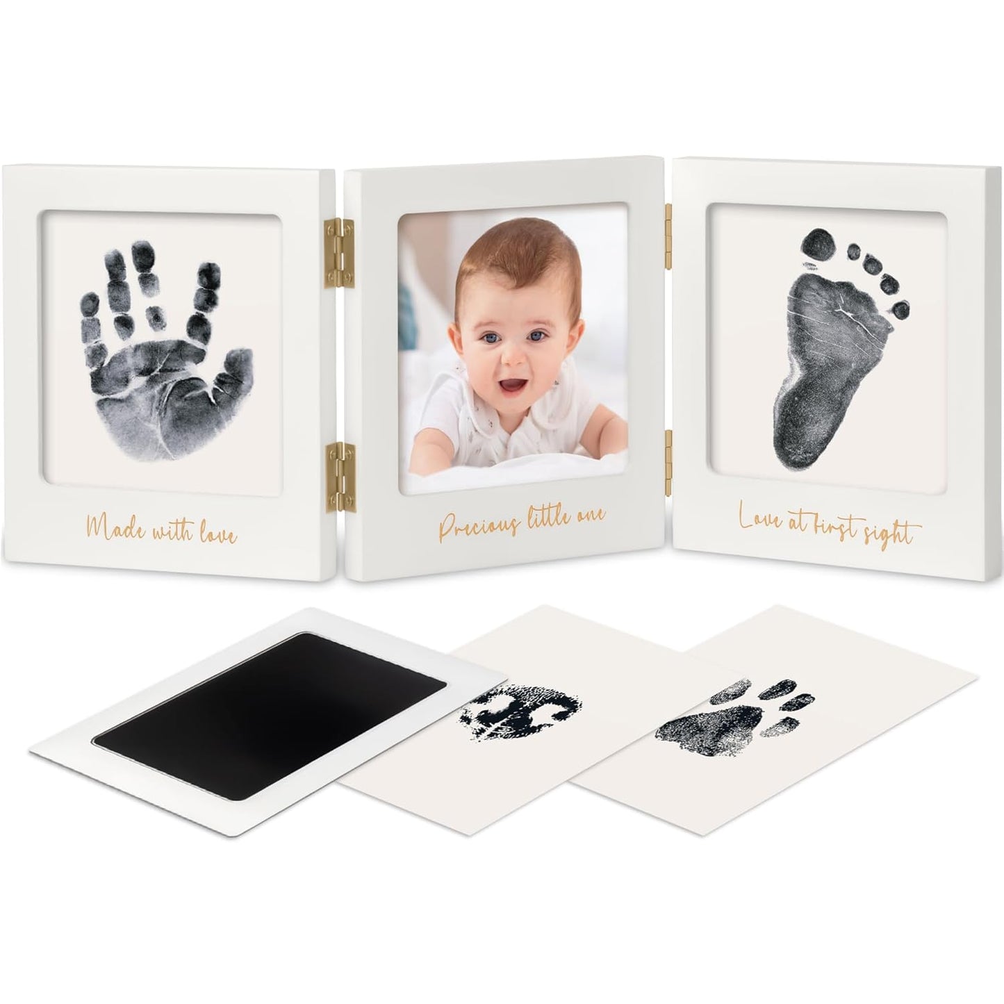 Inkless Baby Handprint and Footprint Kit for Newborn - Baby Footprint Kit,Newborn Keepsake Nursery Picture Frame,Dog Paw Print Maker,Personalized Gifts for New Mom,Showers & Registry(White/Gold)