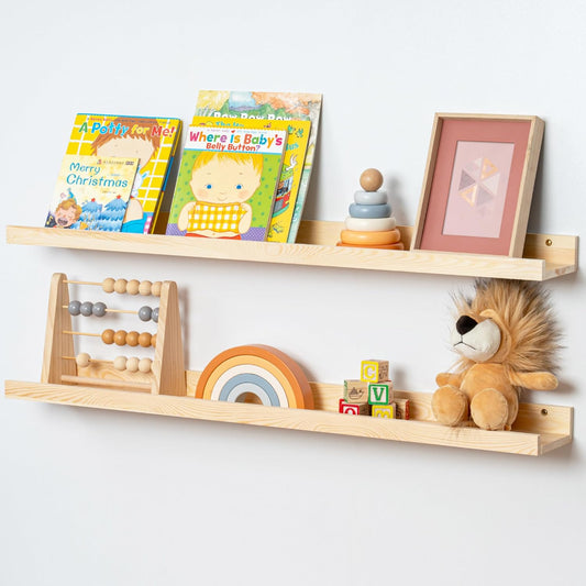 Picture Ledge Shelf for Wall, 36 inch Solid Pine Wood Nursery Book Shelves 2 Packs, Floating Ledge Shelves for Kids' Room Bedroom Bathroom Living Room Photo Frames Office Nursey Wall Decor, Natural