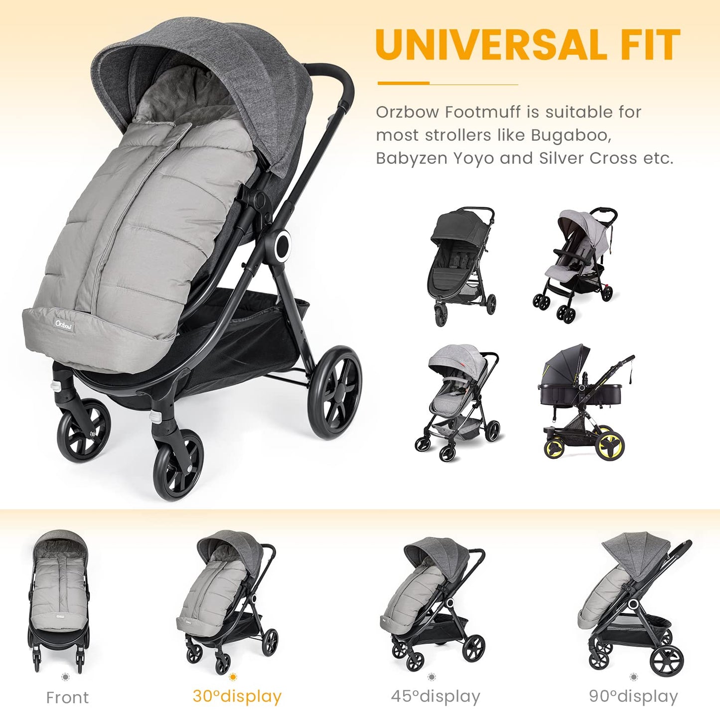 Orzbow Universal Stroller Footmuff, Winter Warm Baby Bunting Bag for Stroller - Cold Weather Zipper Strollers Sleeping Bag, Water-Repellent, Winter Essentials Must Have for Toddler Kids, Light Grey