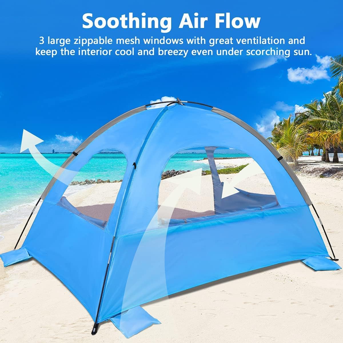 NXONE Beach Tent Sun Shade Shelter for 3/4/6 Person Person with UV Protection, Extended Floor, 3 Mesh Roll Up Windows & 8.0/8.5mm Fiberglass Rods丨Carry Bag Included