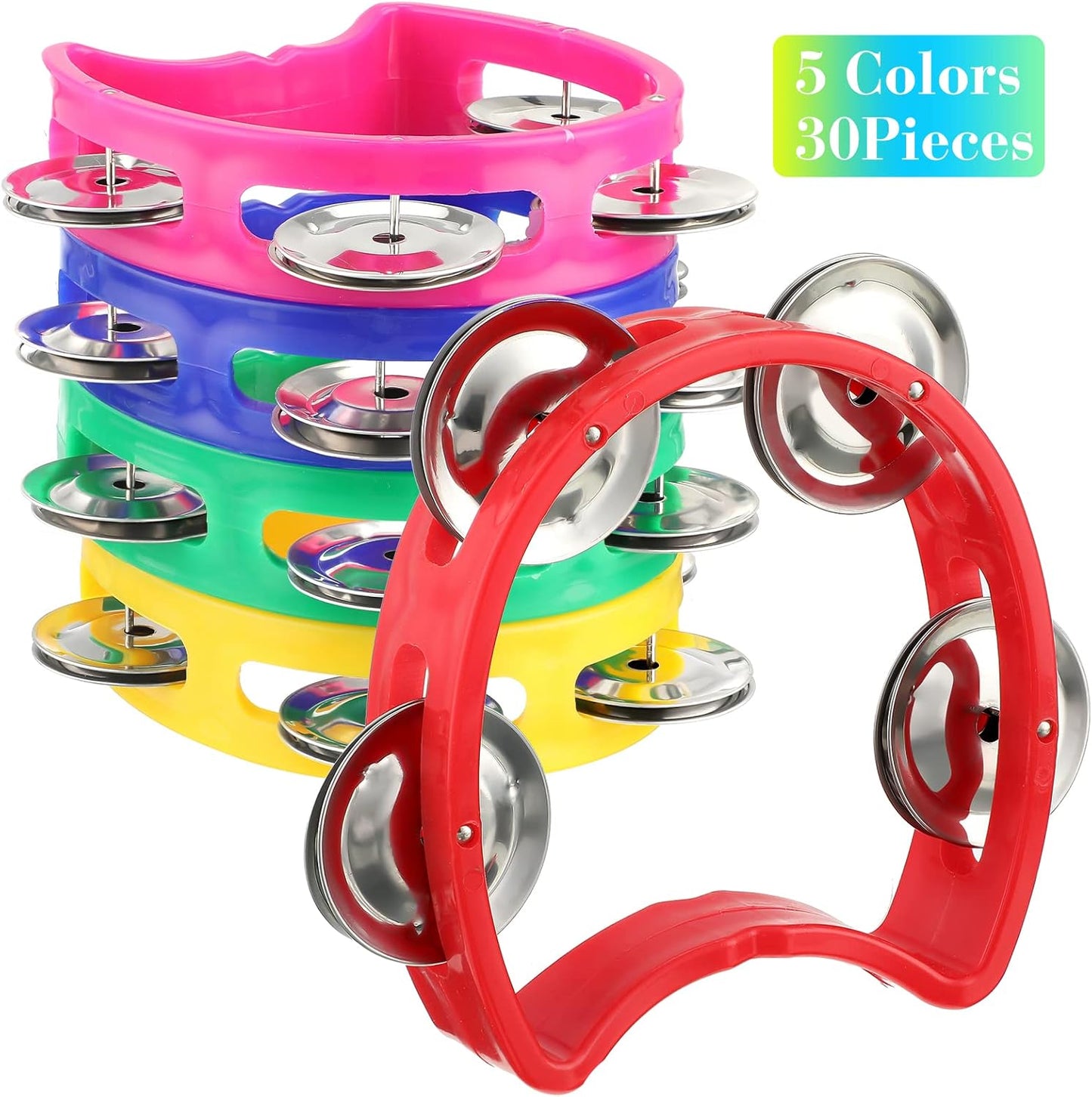 Yeshone 30 Pack Tambourine for Kids Adult Tamborines Musical Instrument Noise Makers 4 Bells Handheld Tambourines for Back to School Supplies Church Wedding Operation Christmas(Multicolors)