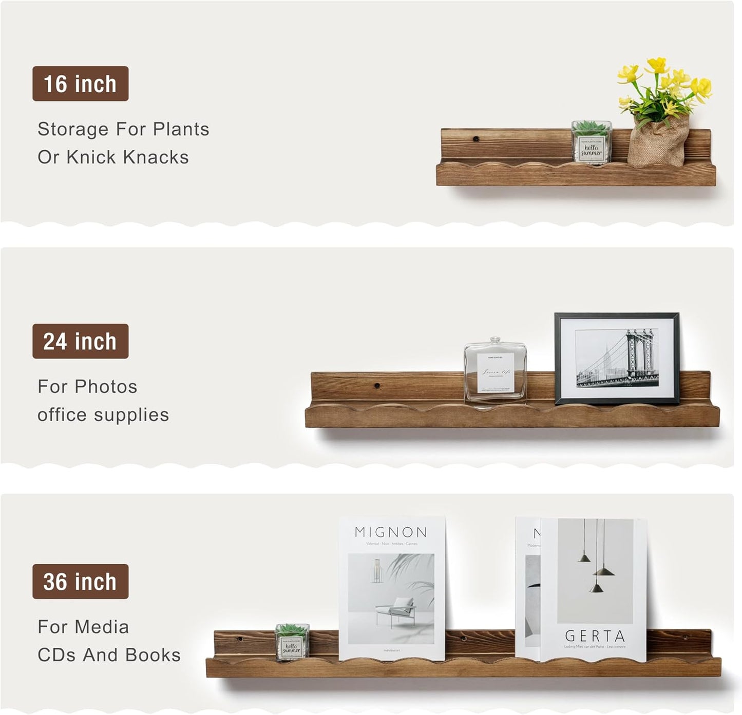 Fun Memories Picture Ledge Shelf for Wall, 16 inch Pine Wood Nursery Book Shelves Set of 4- Wall Book Shelves for Kids Room, Home Decor - Kitchen Spice-Carbonized