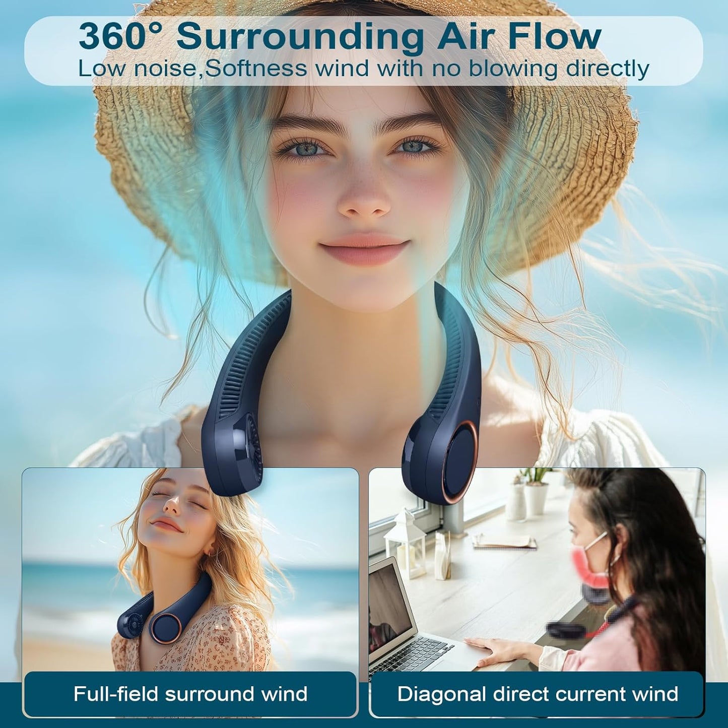 CIVPOWER Neck Fan: Portable Personal Neck Cooling Rechargeable Bladeless Fan - Hands Free 3 Speed 4000 mAh Battery USB Operated Wearable Headphone Design - for Men Women Outdoor Indoor (Dark Blue)