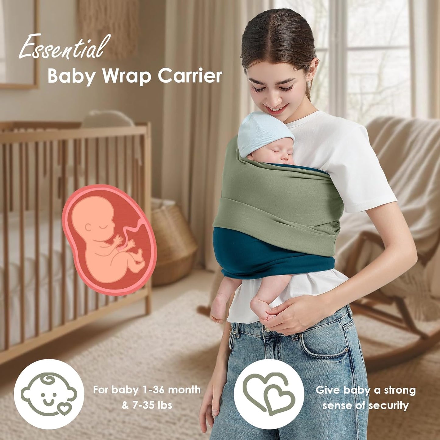 Baby Wrap Carrier, Lightweight Baby Wearing Wraps for Newborn and Infant, Soft Swaddle Holder Carrier, Cozy Baby Sling 7-35 lbs Blue+Green