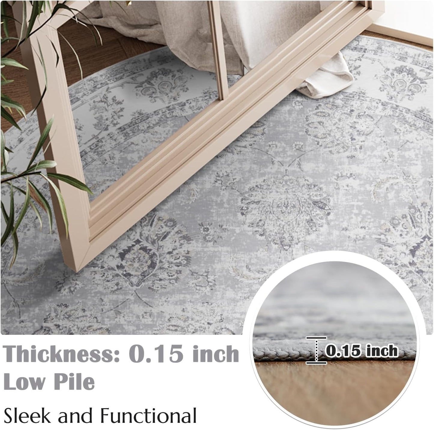 jinchan Round Rug 4ft Area Rugs Vintage Floral Distressed Design - Machine Washable Non-Slip Low-Pile Ultra-Thin Circle Rug for Entryway Bedside Living Room Dining Room Bedroom (4' Round,Grey)