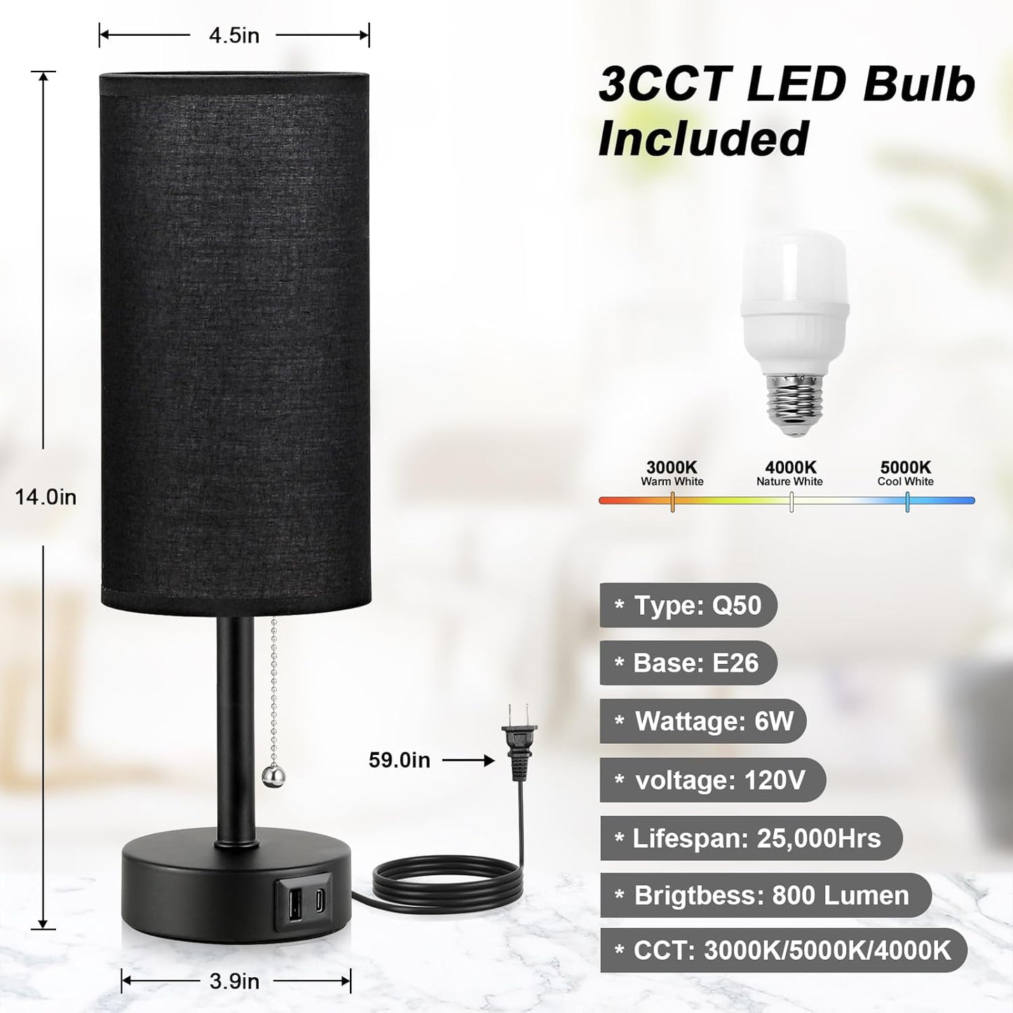 Black Bedside Lamp for Bedroom Nightstand - Small Table Lamp with USB A + C Charging Port, 3 Color Temperatures Pull Chain Night Stand Light with Bulb， Side Table Desk Reading Lamp for Living Room