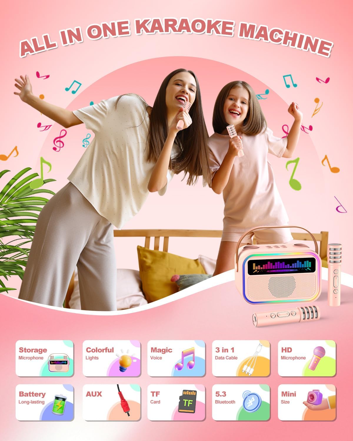 Kids Karaoke Machine for Girls, Kids Toys Gifts for Age 3-12+, Portable Bluetooth Speaker with 2 Wireless Microphones, Toddler Singing Karaoke for Birthday, Family, Home Party (Pink)