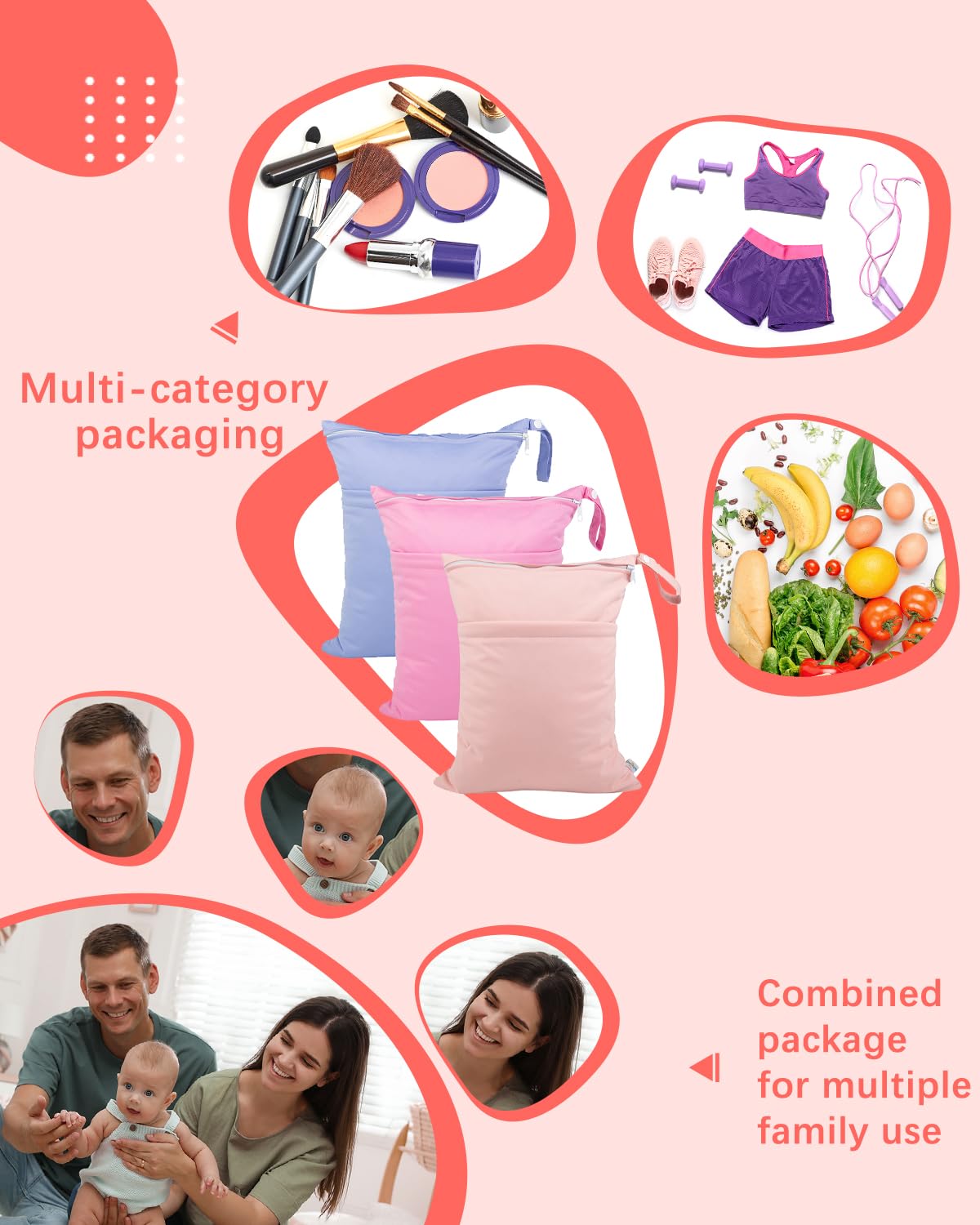 babygoal Wet Dry Bags for Baby Cloth Diapers, Washable Travel Bags, Beach, Pool, Gym Bag for Swimsuits & Wet Clothes with 2 Pockets 3 Pack 3LN09