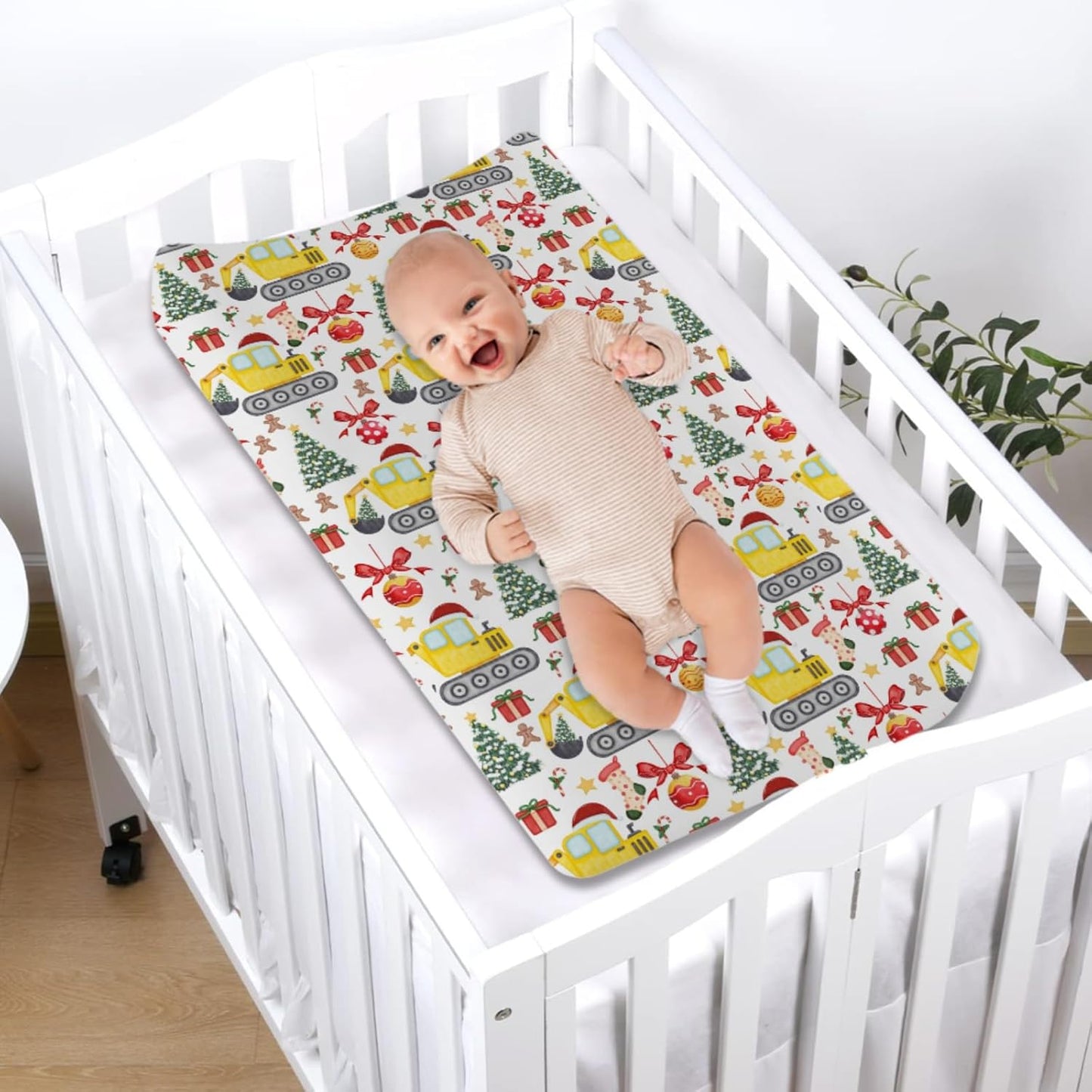 Christmas Truck Excavator Tractor Changing Pad Cover Construction Trucks Unisex Diaper Change Table Sheets for Boys Girls Winter Xmas Gift Soft Stretch Fitted Changing Table Mats 32''x16''