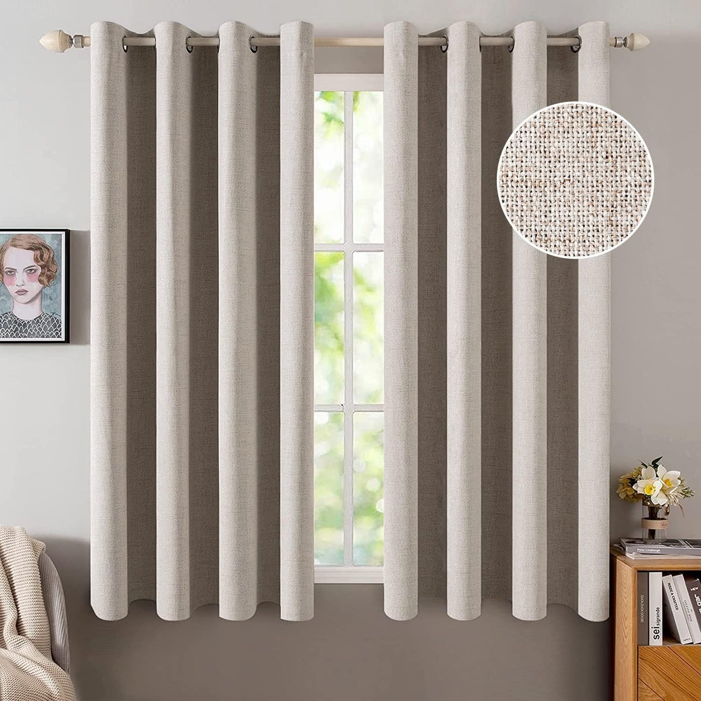 MIULEE Blackout Curtains for Bedroom Linen Texture Solid Thermal Insulated Natural Khaki Grommet Room Darkening Curtains & Drapes Luxury Decor for Living Room Nursery 52x63 Inch (2 Panels)