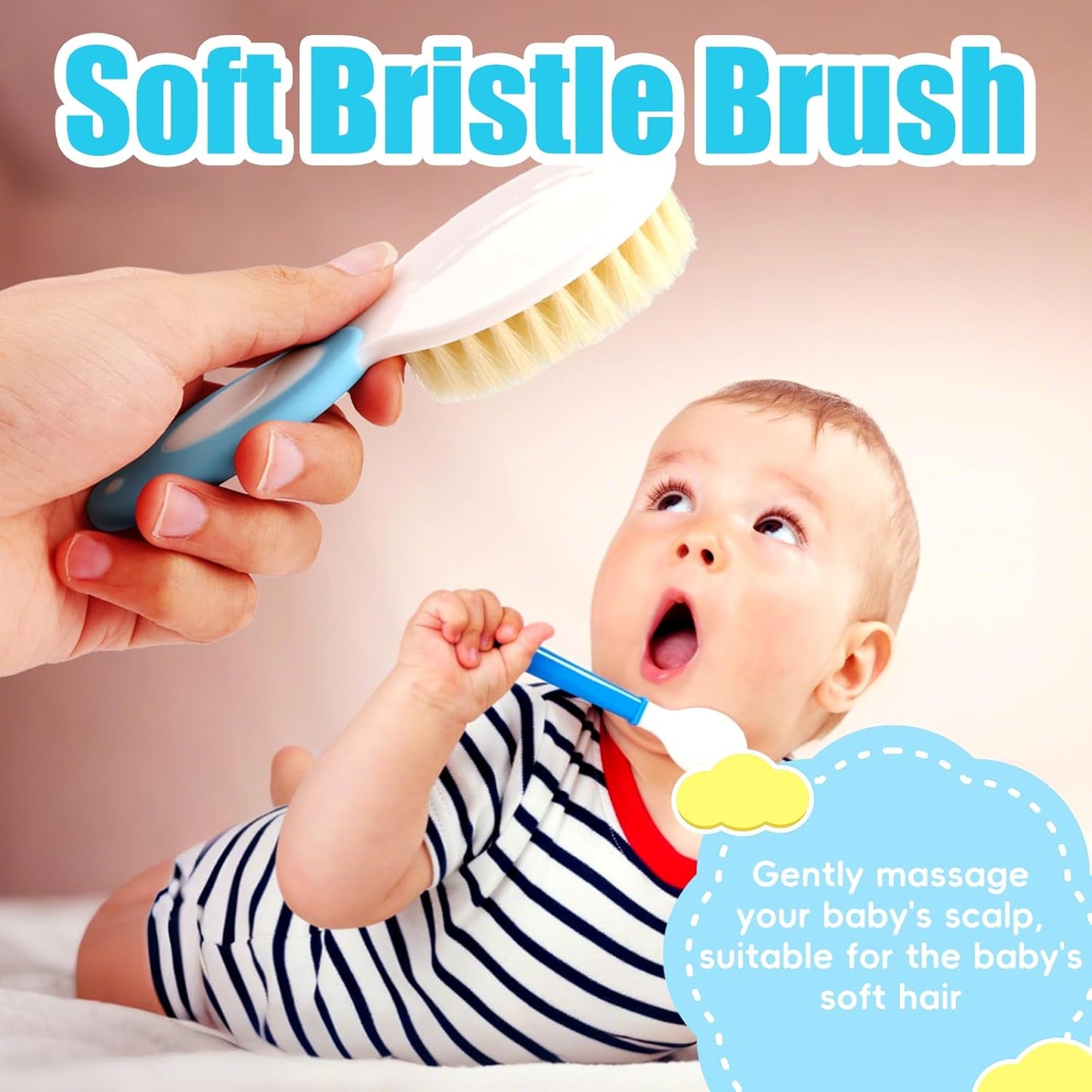 Baby Hair Brush and Comb Set, 4Pcs Baby Soft Bristles Hairbrush Cradle Cap Brush Hair Comb for Newborns Toddlers Boys Girls (Blue)