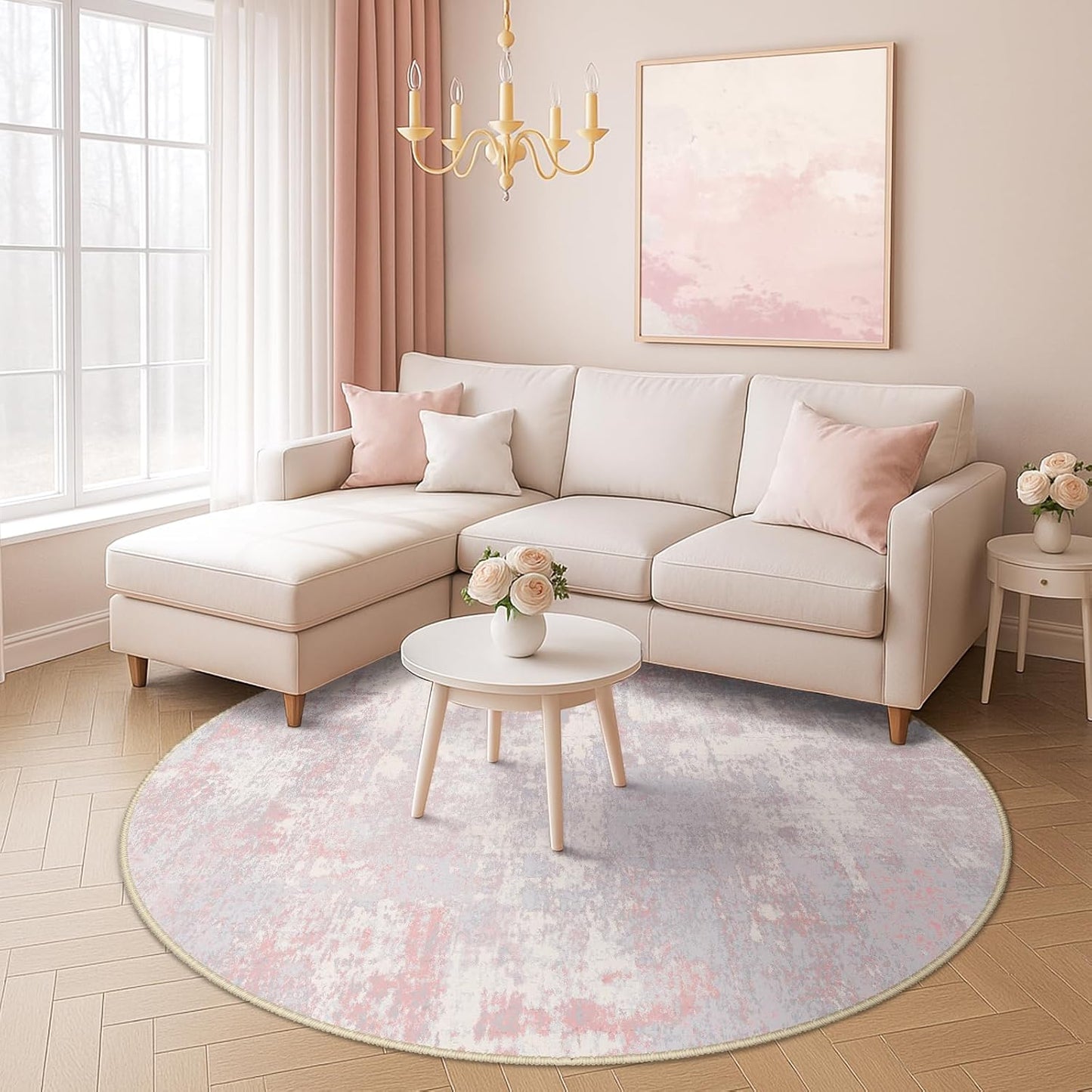 Washable Area Rugs 4ft Non-Slip Modern Abstract Soft for Living Room Entryway Bedroom Nursery, Print Pattern, Grey Pink