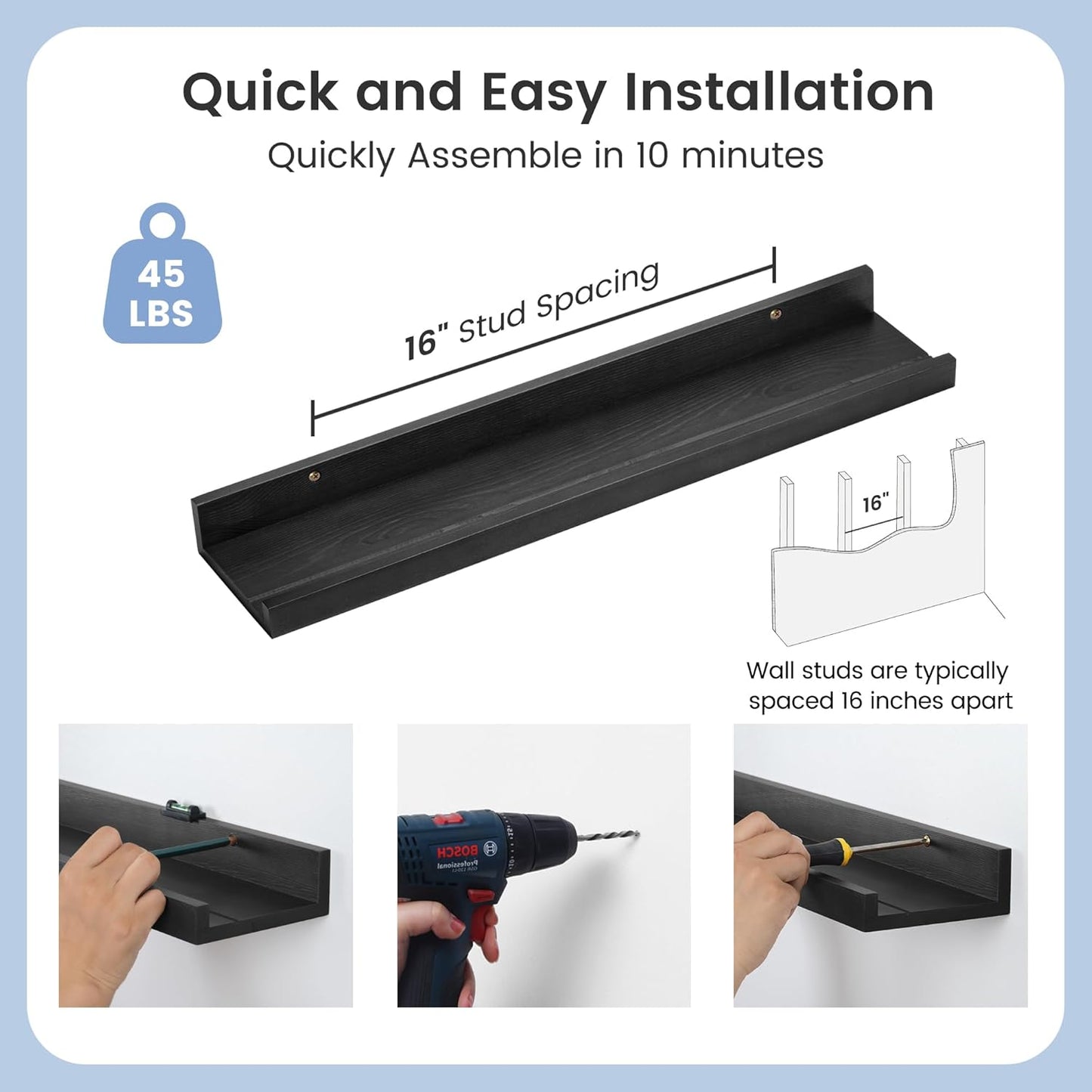 Picture Ledge Shelf for Wall, 24 inch Solid Pine Wood Nursery Book Shelves 2 Packs, Floating Ledge Shelves for Kids' Room Bedroom Bathroom Living Room Photo Frames Office Nursey Wall Decor, Black